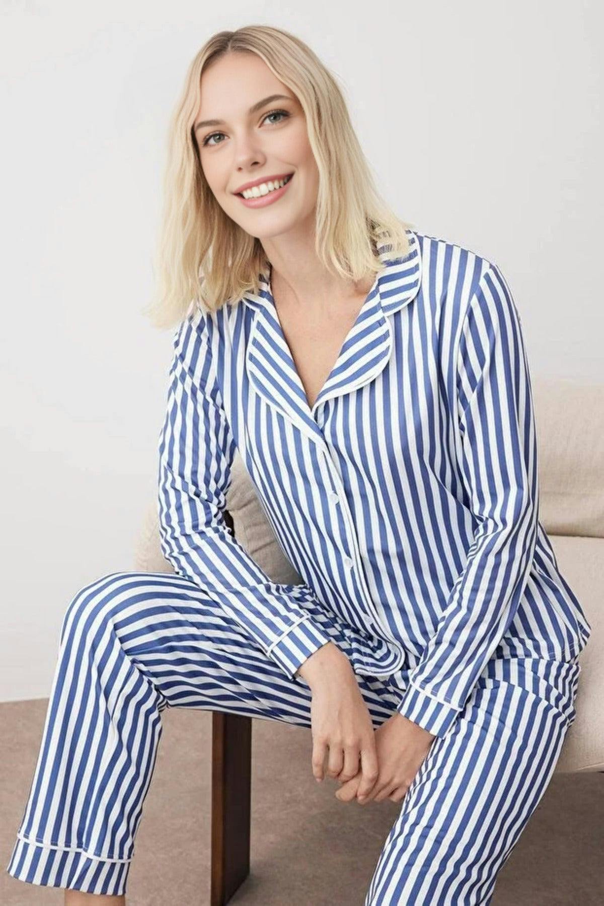 Wovcor Dark/Blue 2-Piece Striped Pattern Polar Fleece Lined Shirt-Pants Knit Pajama Set - S