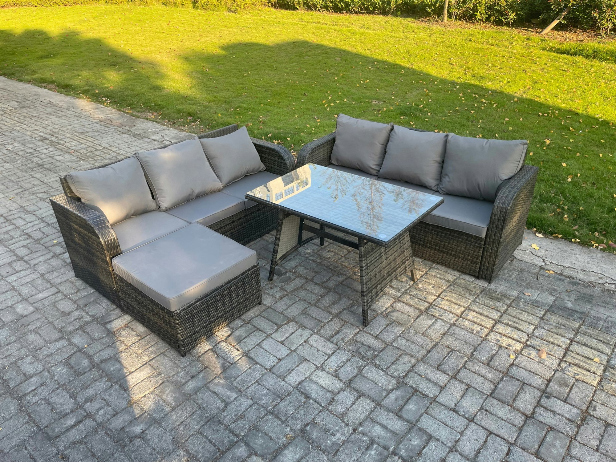 Fimous Dark/Grey 7 Seater Garden Furniture Sofa Set Rectangular Dining Table Big Footstool Indoor Outdoor Rattan Set Mixed