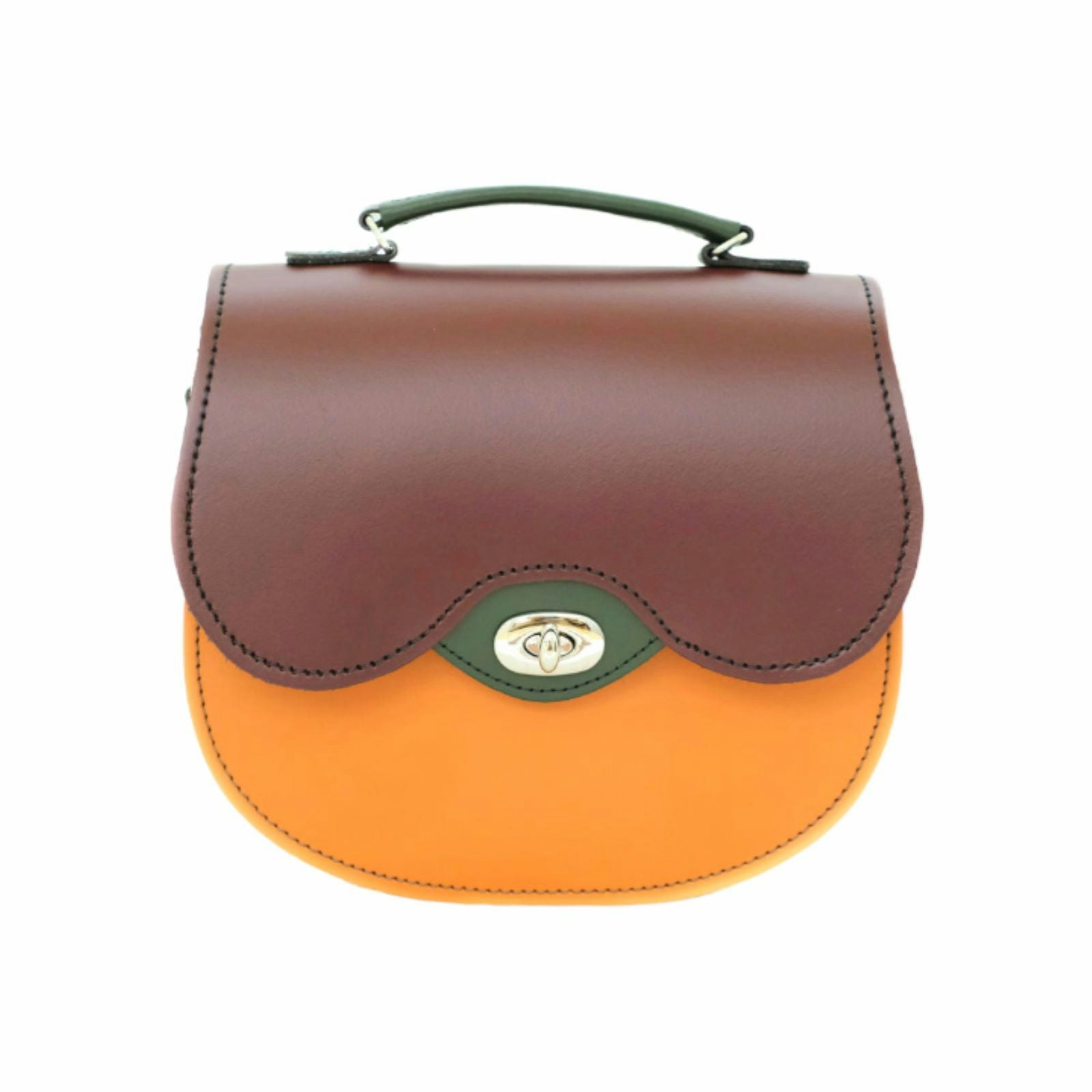 Zatchels Red/Green/Orange Handmade Leather Twist Lock Saddle Bag - Autumnal Kaleidoscope