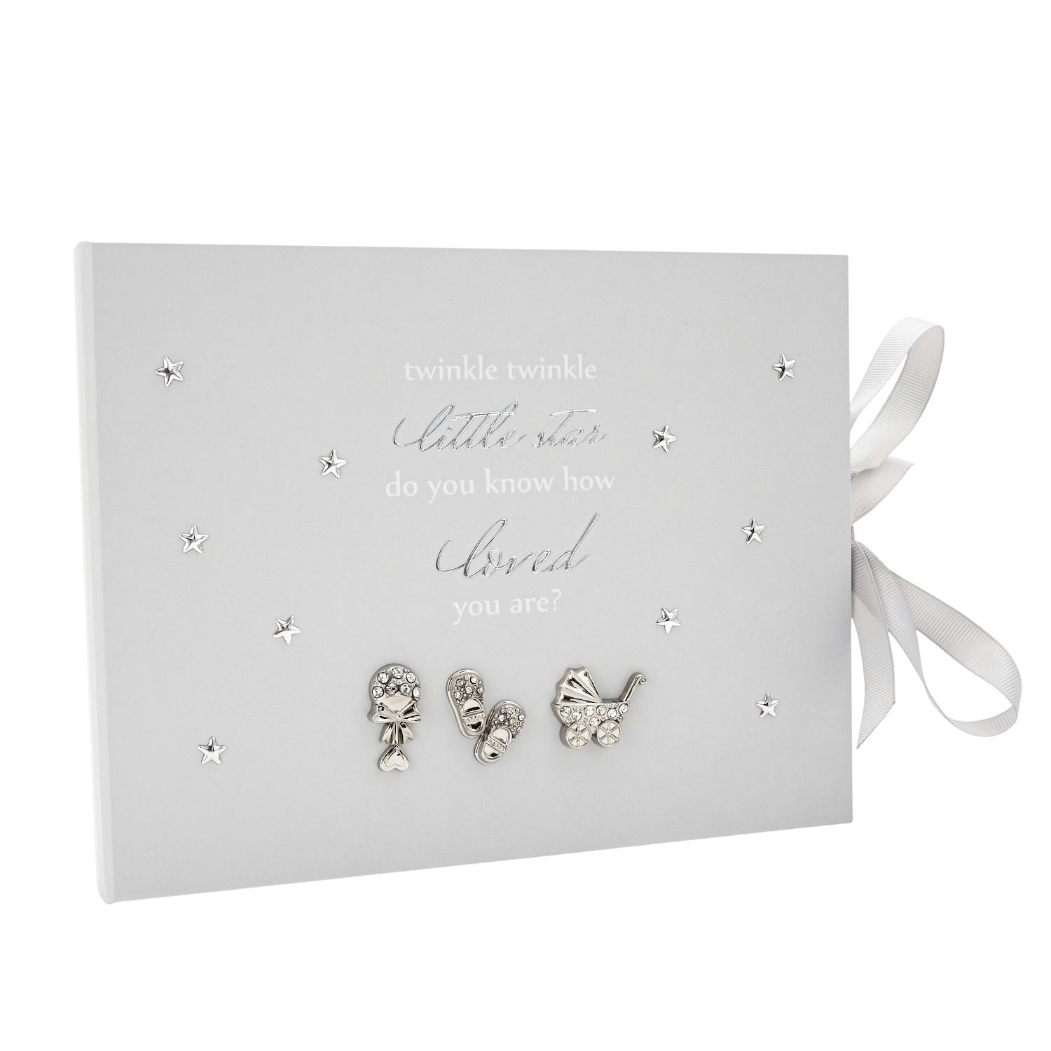 Rackhams Silver Baby Keepsake Guest Book With Plated Rattle Pram And Booties
