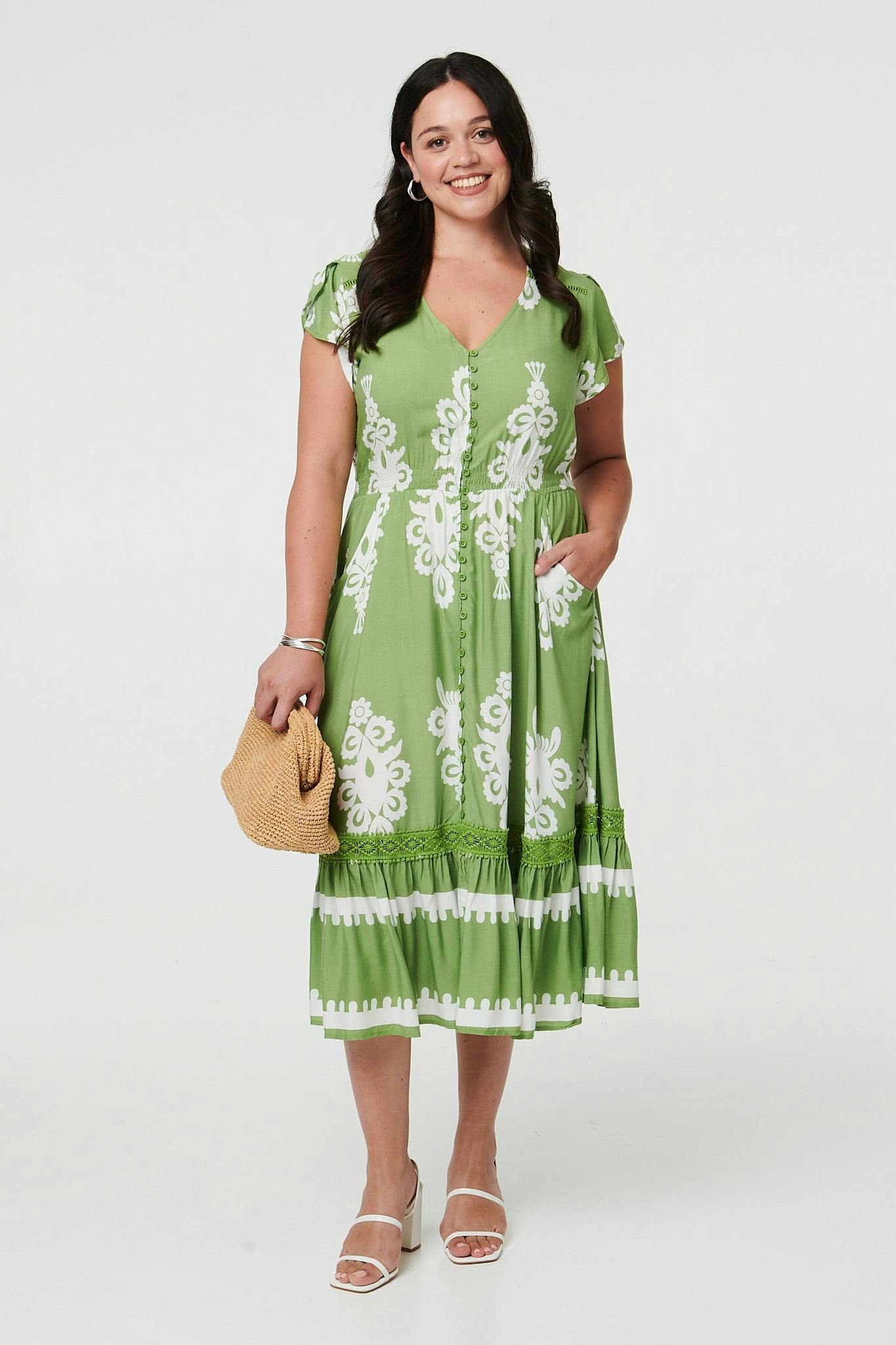Izabel London Green Curve Printed Cap Sleeve Midi Dress - 26