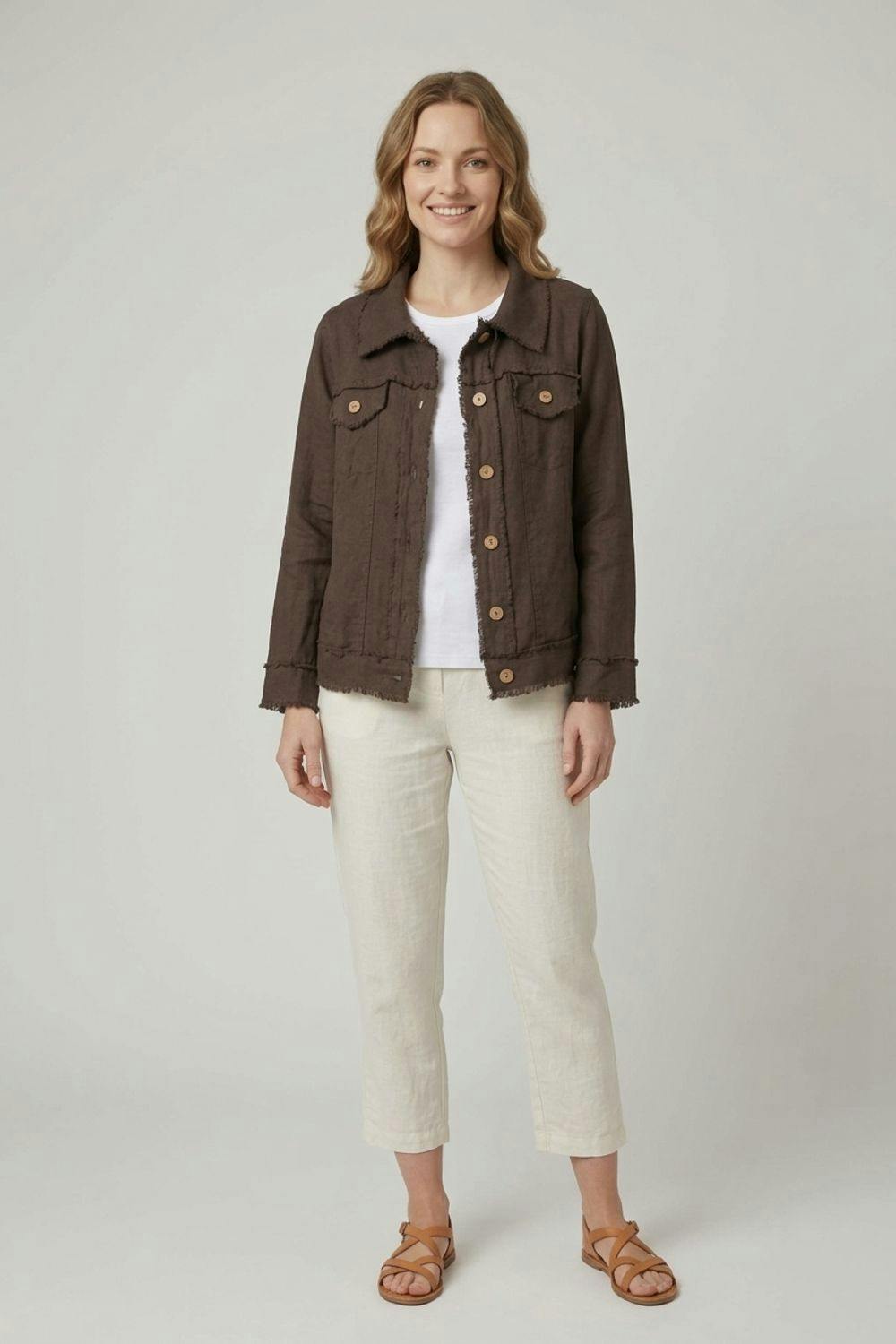 Izabel London Brown Frayed Hem Button Front Shirt Jacket - 14
