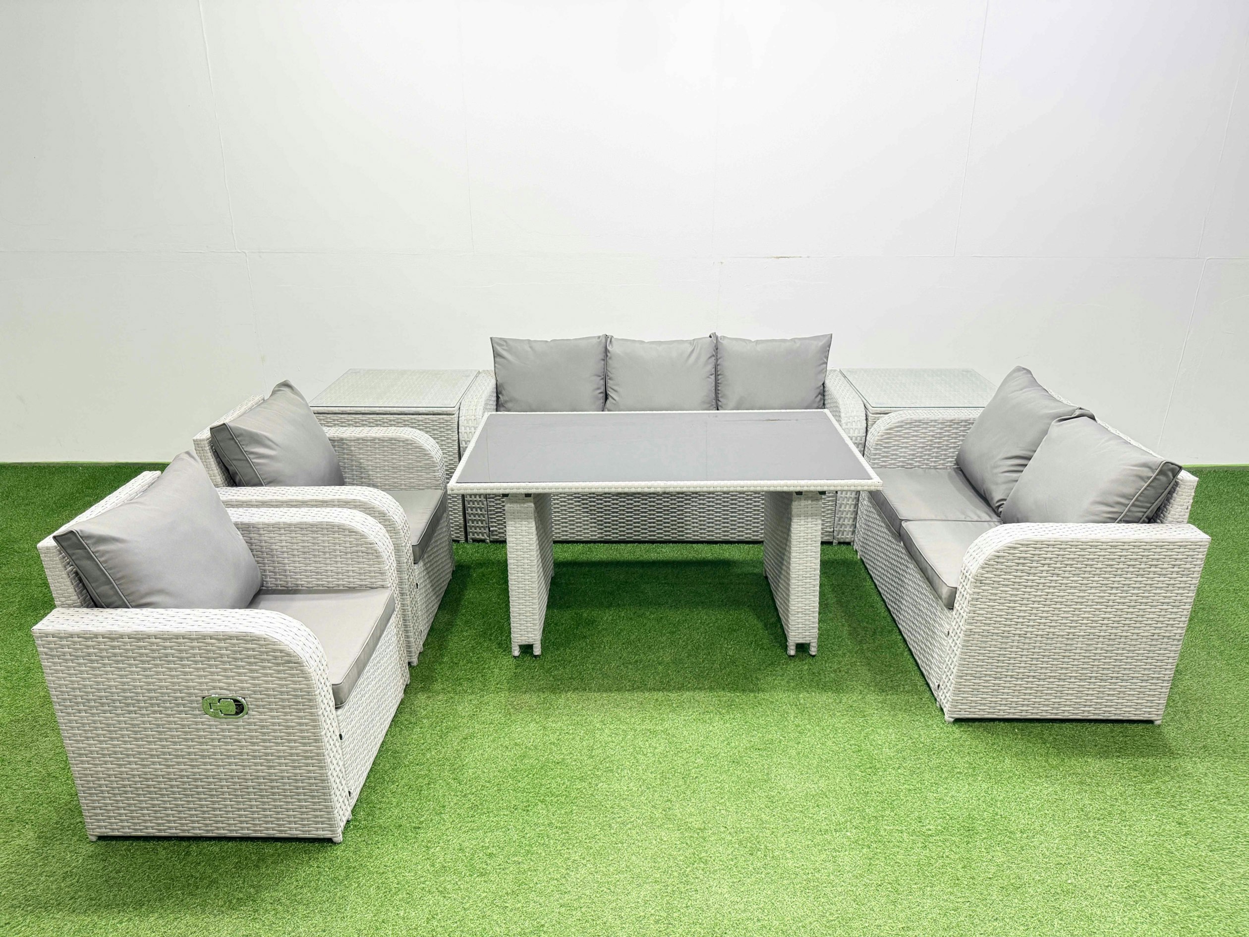 Fimous Light/Grey 7 Seater Garden Furniture Set Pe Rattan Garden Sofa Set With Rectangular Dining Table 2 Side Tables