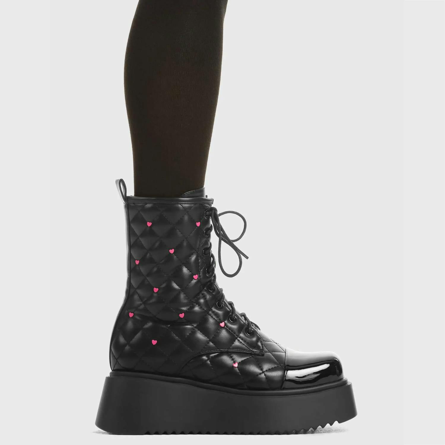 Lamoda Women's Black/Pink Reason Why Pu Heart Platform Creeper Boots Trendy Style - Uk3
