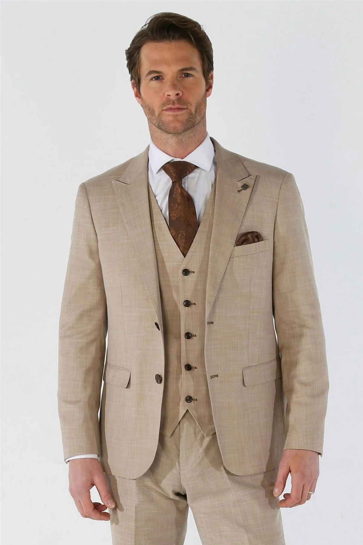 Infinity Leather Men's Beige 3 Piece Summer Wedding Tailored Fit Suit - 52" Jacket 46" Trousers