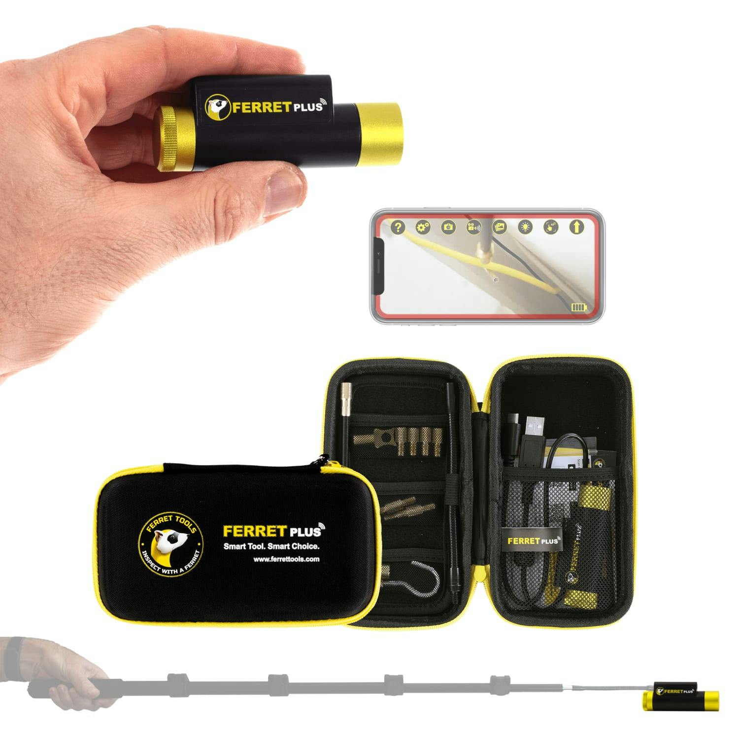 Ferret White Plus Wireless Inspection Camera, 1080P Hd On-Board Memory, Non-Contact Voltage Detector, Wifi Borescope & Cable Pulling Tool, Ip67 Waterproof