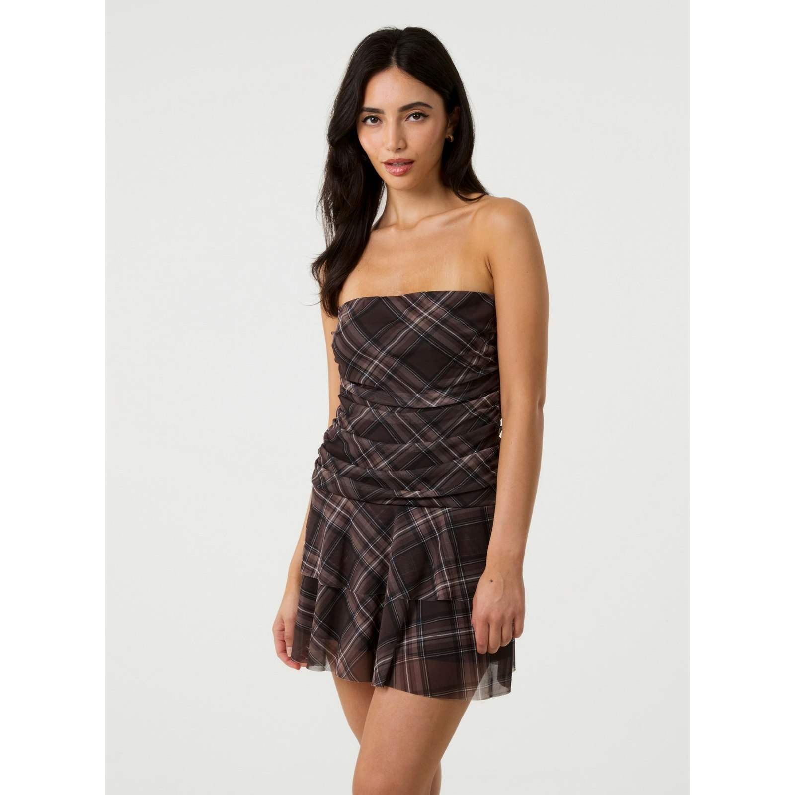 Pink Vanilla Pink/Brown Vanilla Check Bandeau Ruffle Mini Dress - S