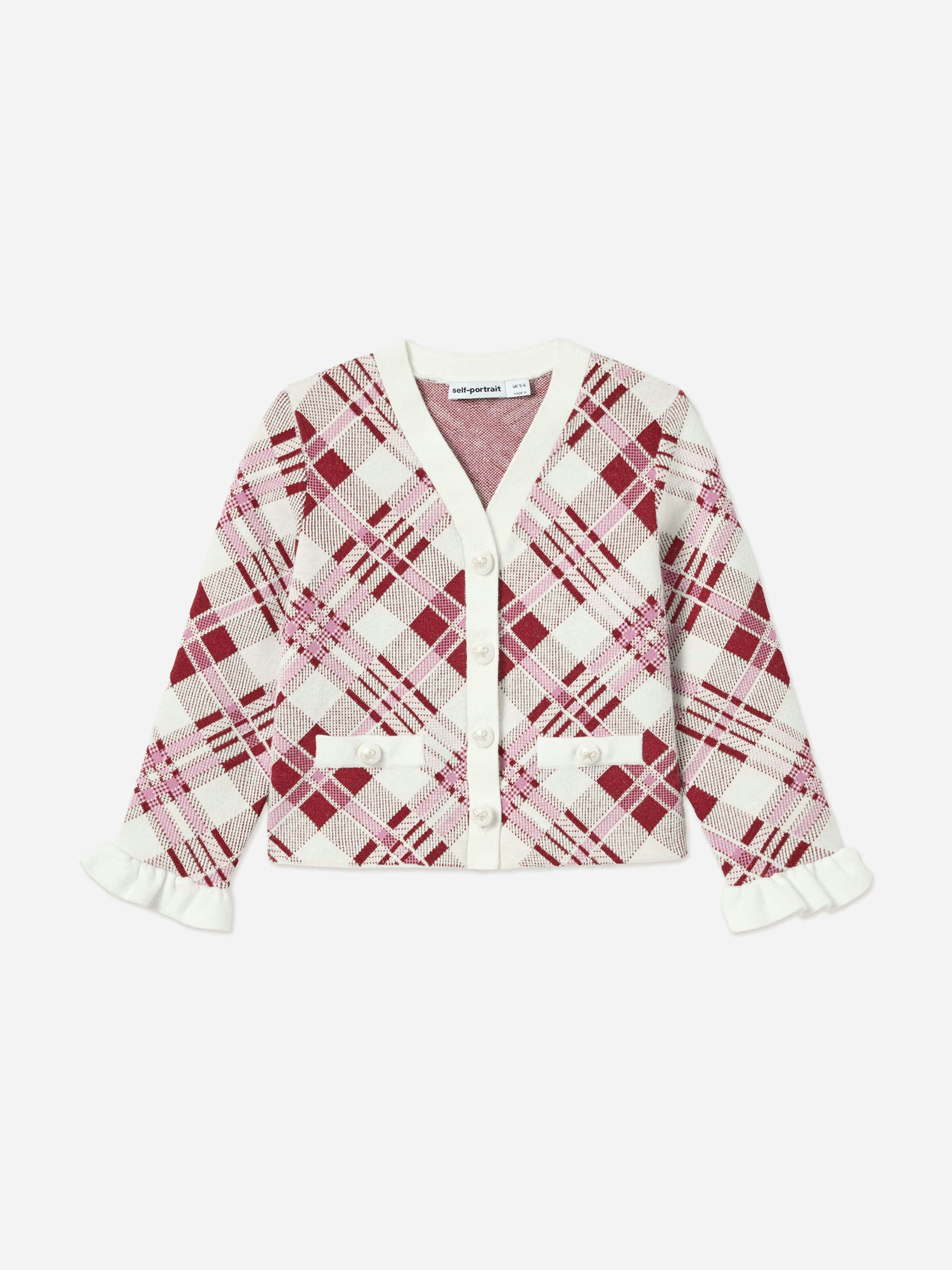 Self Portrait Girls Red Check Knit Cardigan In - 6 - 7 Yrs