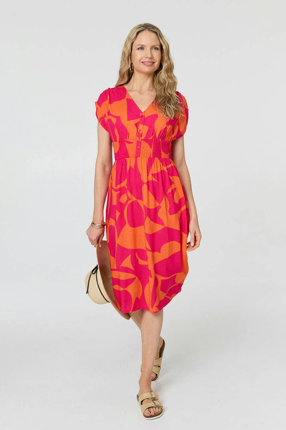 Izabel London Pink Abstract Cap Sleeve Shirred Midi Dress - 10