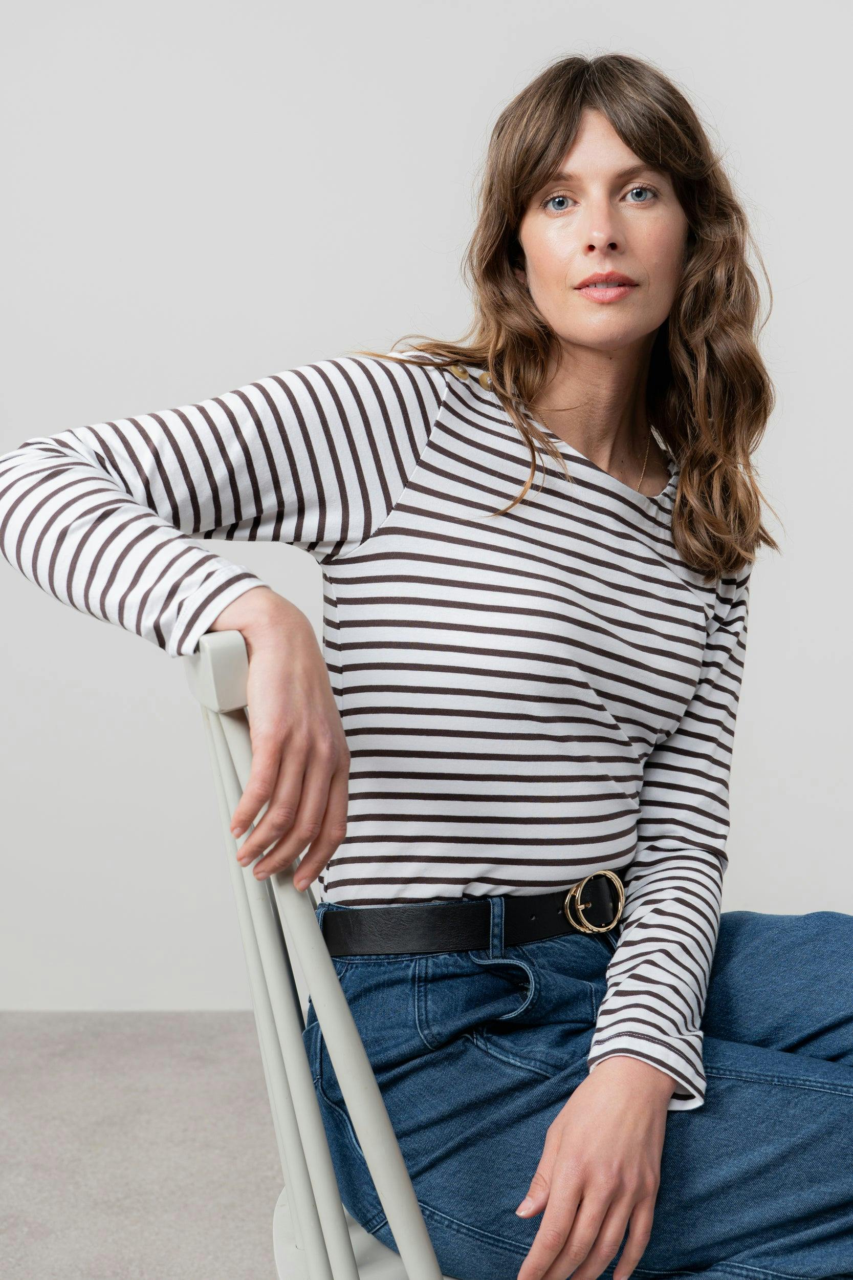 Lily & Me Riverside Striped Casual Jersey Top Chocolate - 16 - Chocolate
