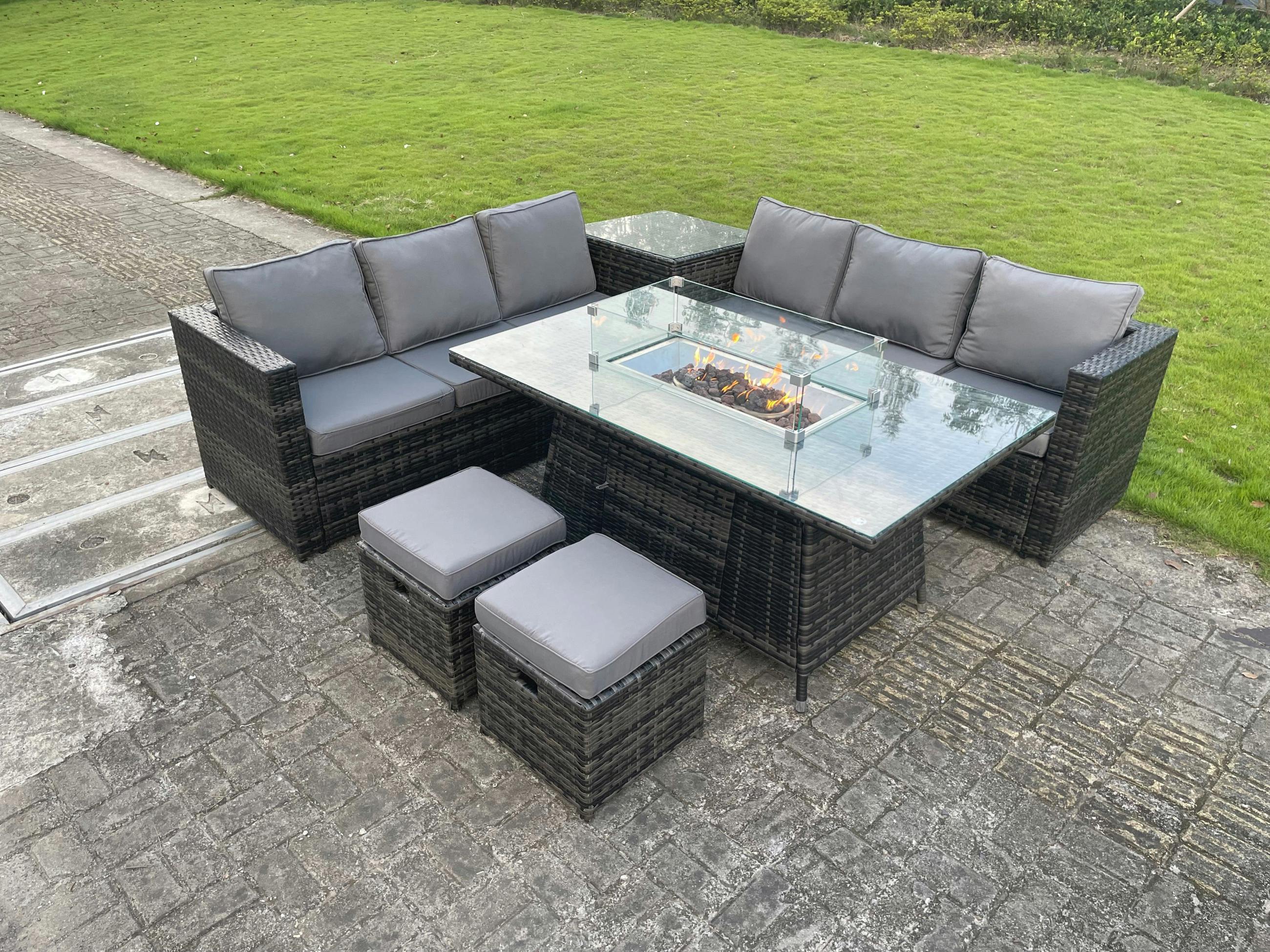 Fimous Dark/Grey Outdoor Rattan Garden Corner Furniture Gas Fire Pit Table Sets Gas Heater Lounge Small Footstools