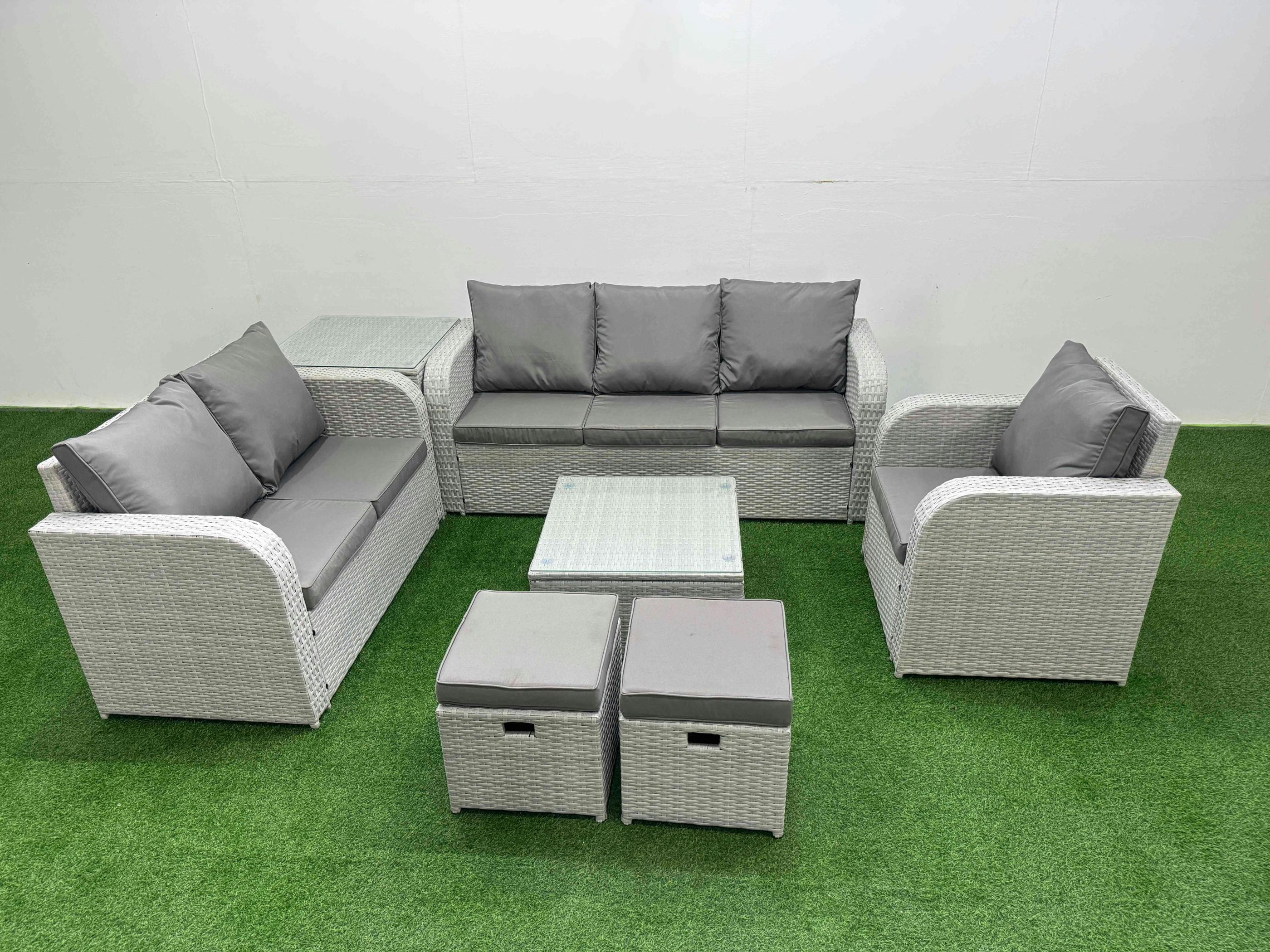 Rackhams Light/Grey 8 Seater Rattan Garden Set, Pe Wicker, Square Coffee Table, Reclining Chair, Loveseat, 3 Seater Sofa, Stool And Side Table,