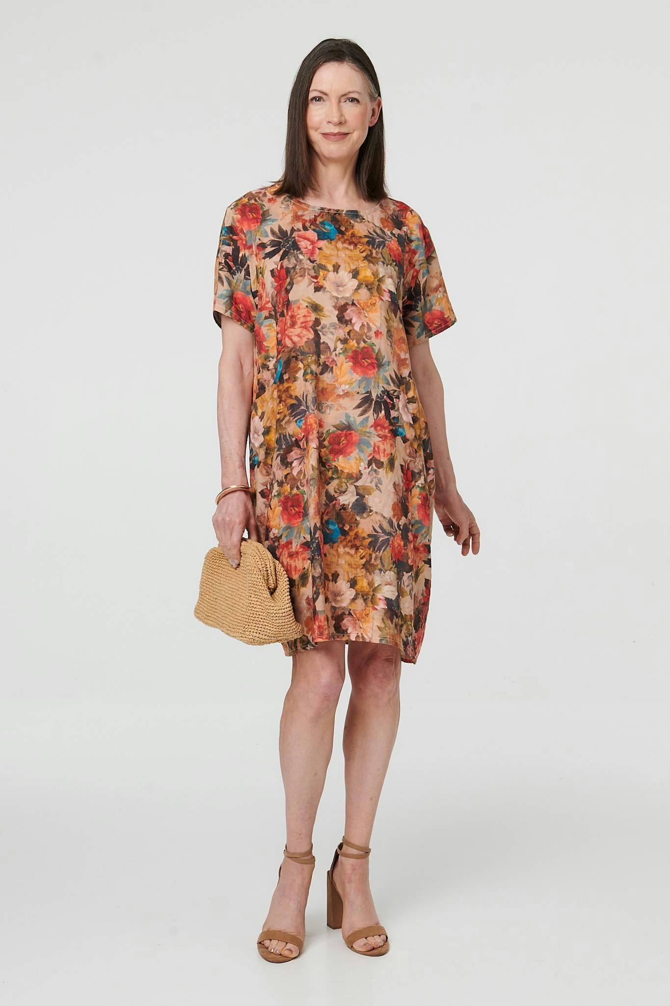 Izabel London Orange Floral Relaxed Knee Length Shift Dress - 14