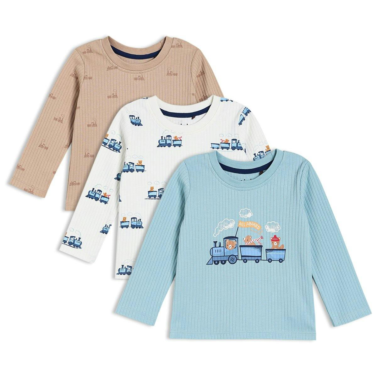 Mini Cuddles Men's Blue/White/Beige Baby Boys 3Pk Printed T-Shirt, Multicolour - 0-3 Months