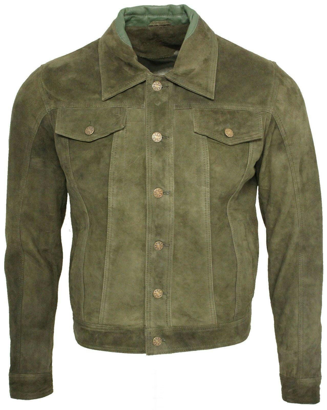 Infinity Leather Men's Green Goat Suede Leather Trucker Jacket-Taraz - Uk 3XL | Eu 56 | Us 46