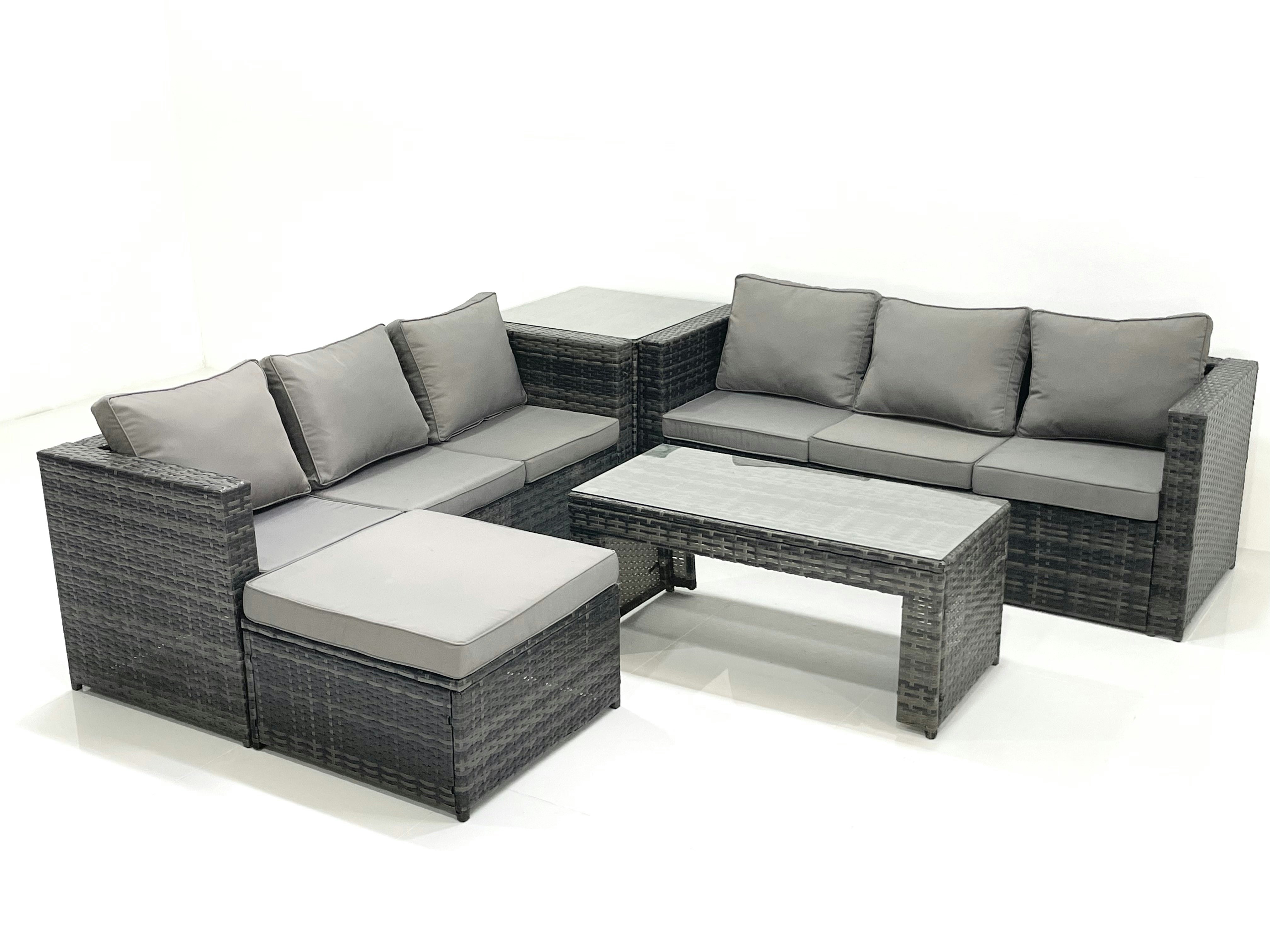 Fimous Dark/Grey Garden Outdoor Rattan Furniture Set With Sofa Coffee Table Big Footstool Side Table Mixed