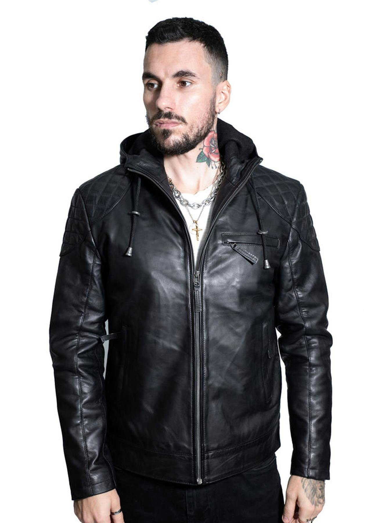 Infinity Leather Men's Black Retro Hooded Leather Bomber Jacket-Zaria - Uk Xl | Eu 52 | Us 42