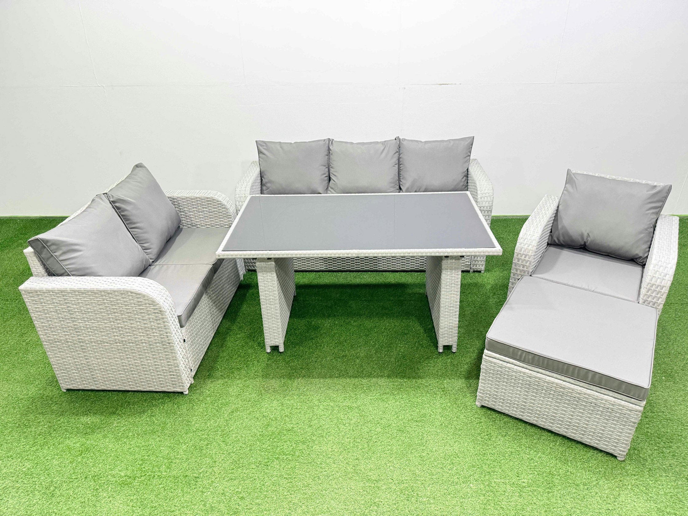 Fimous Light/Grey Rattan Outdoor Table Reclining Chair Sofa Set With Big Stool 7 Seater