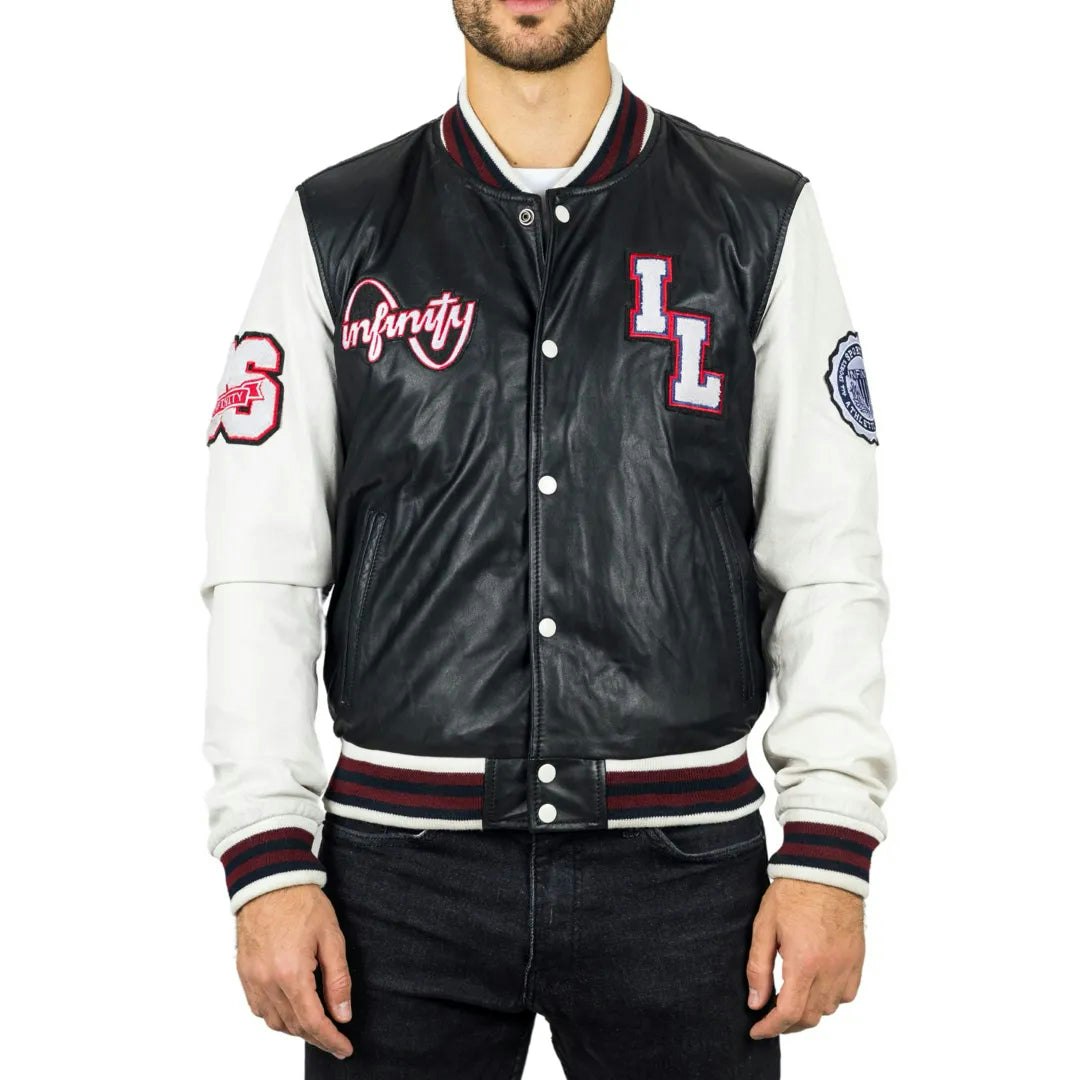 Infinity Leather Men's Black Leather Company Leather Letterman Bomber Jacket - 4XL