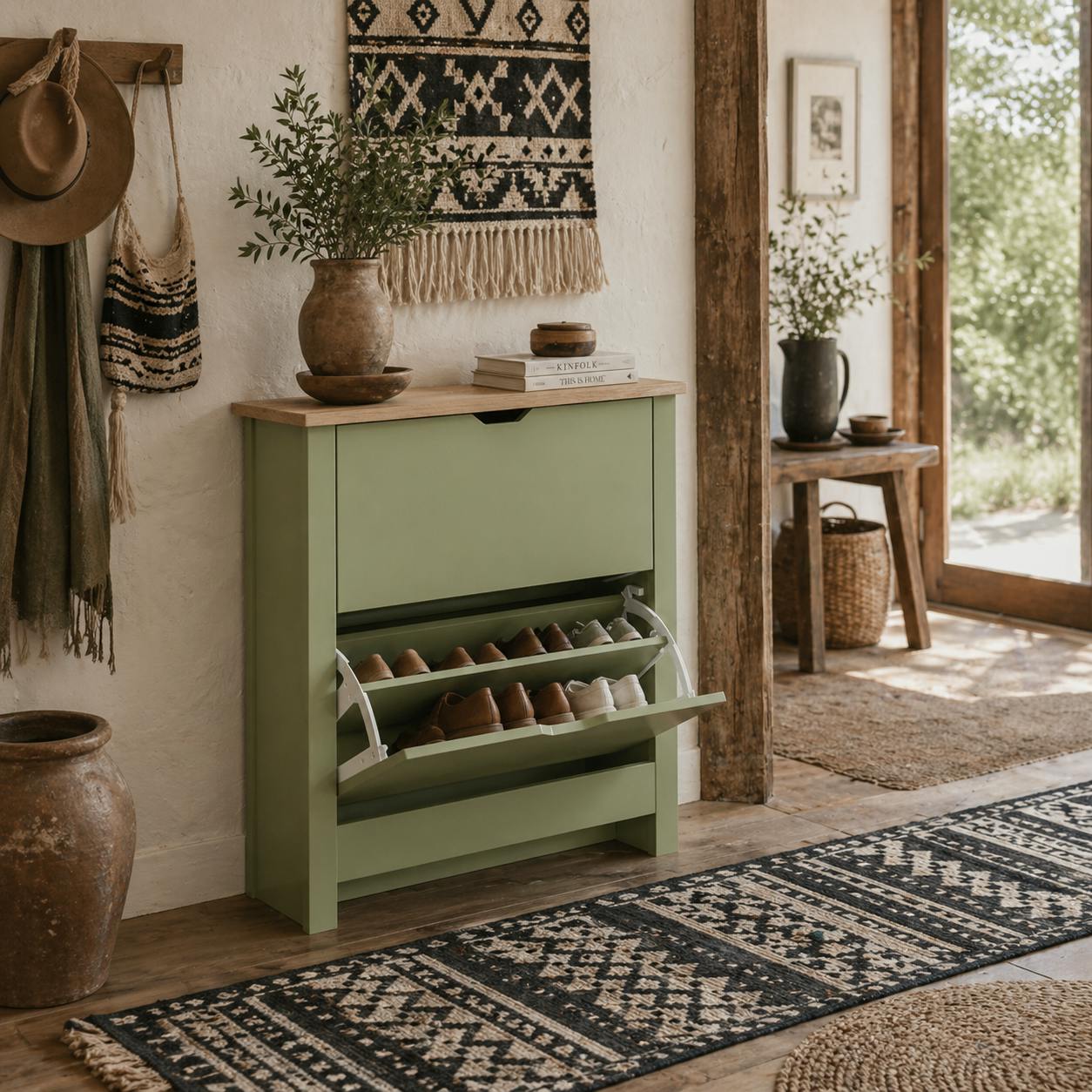 Wyld Haus Green Wooden Slim Shoe Cabinet With 2 Flip Drawers For 12 Pairs