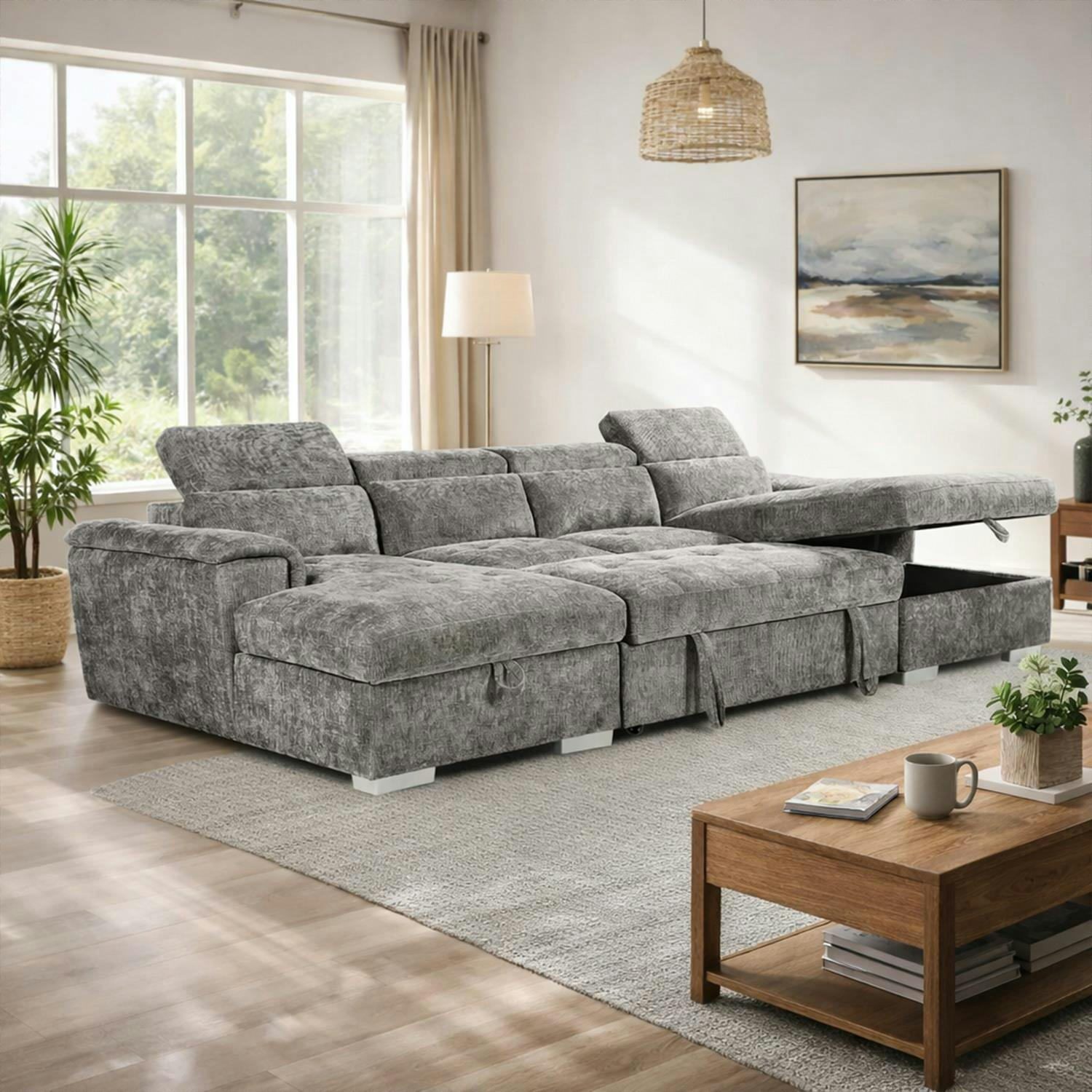 Furnishings For Less Grey Alora 4–5 Seater Fabric U-Shaped Sofa With Storage & Headrests