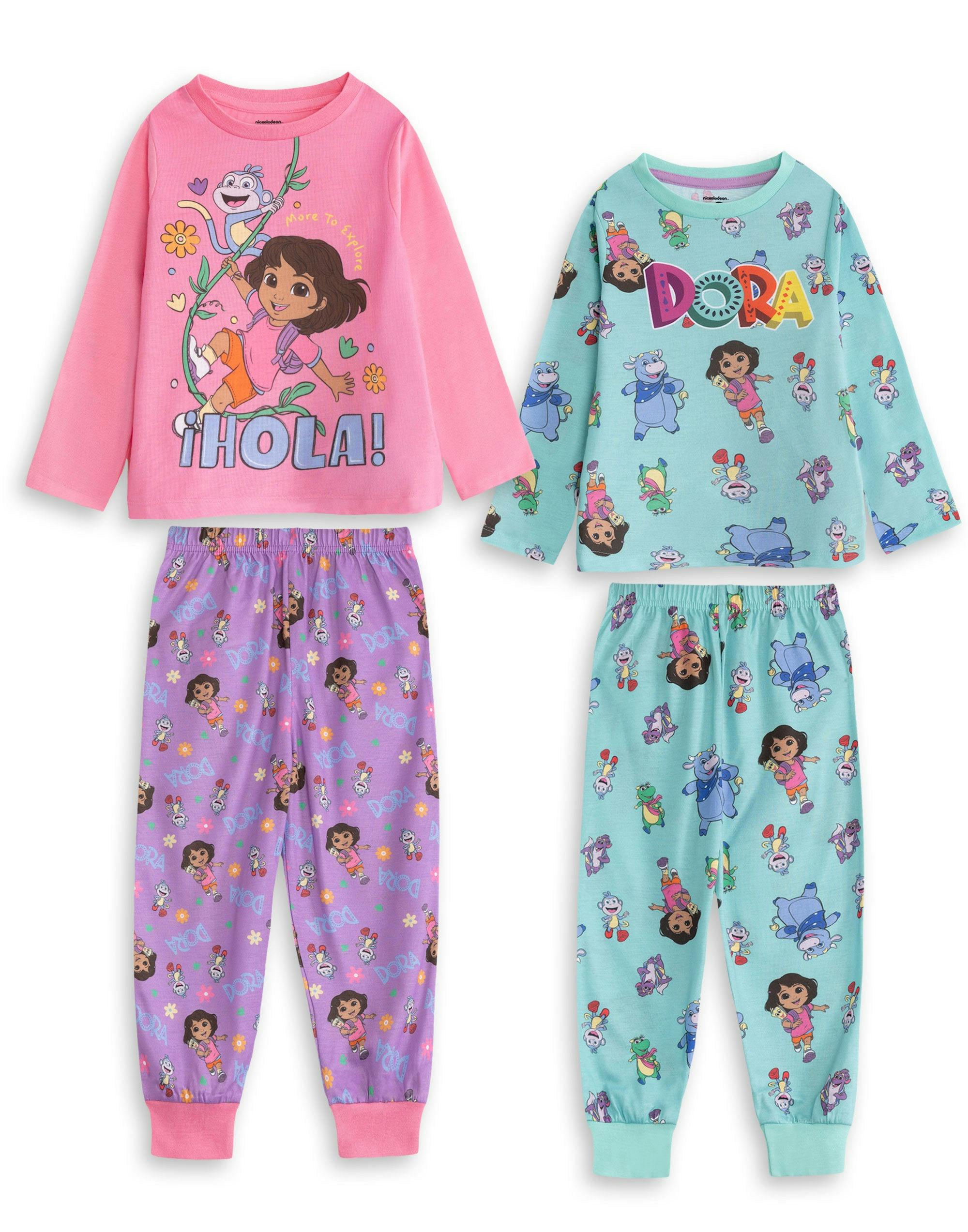 Vanilla Underground Unisex Pink/Green Dora The Explorer Kids Multicoloured Character Multi-Pack Of 2 Long Sleeve Long Leg Pyjama Set - 2-3 Years