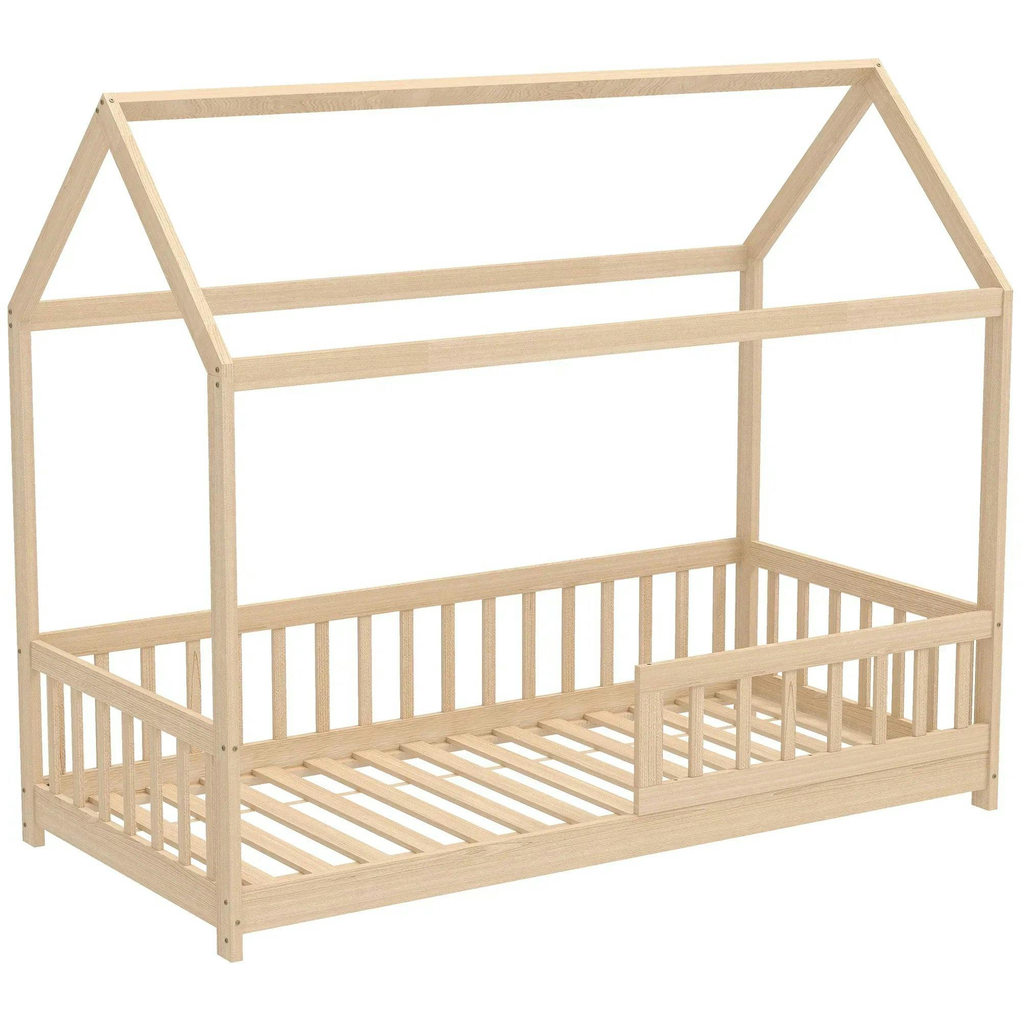 Bobobiy Boys House-Shaped Kids Bed Frame With Guard Rails, Solid Pine Wood Single Bed Frame For Kids And Girls, Natural