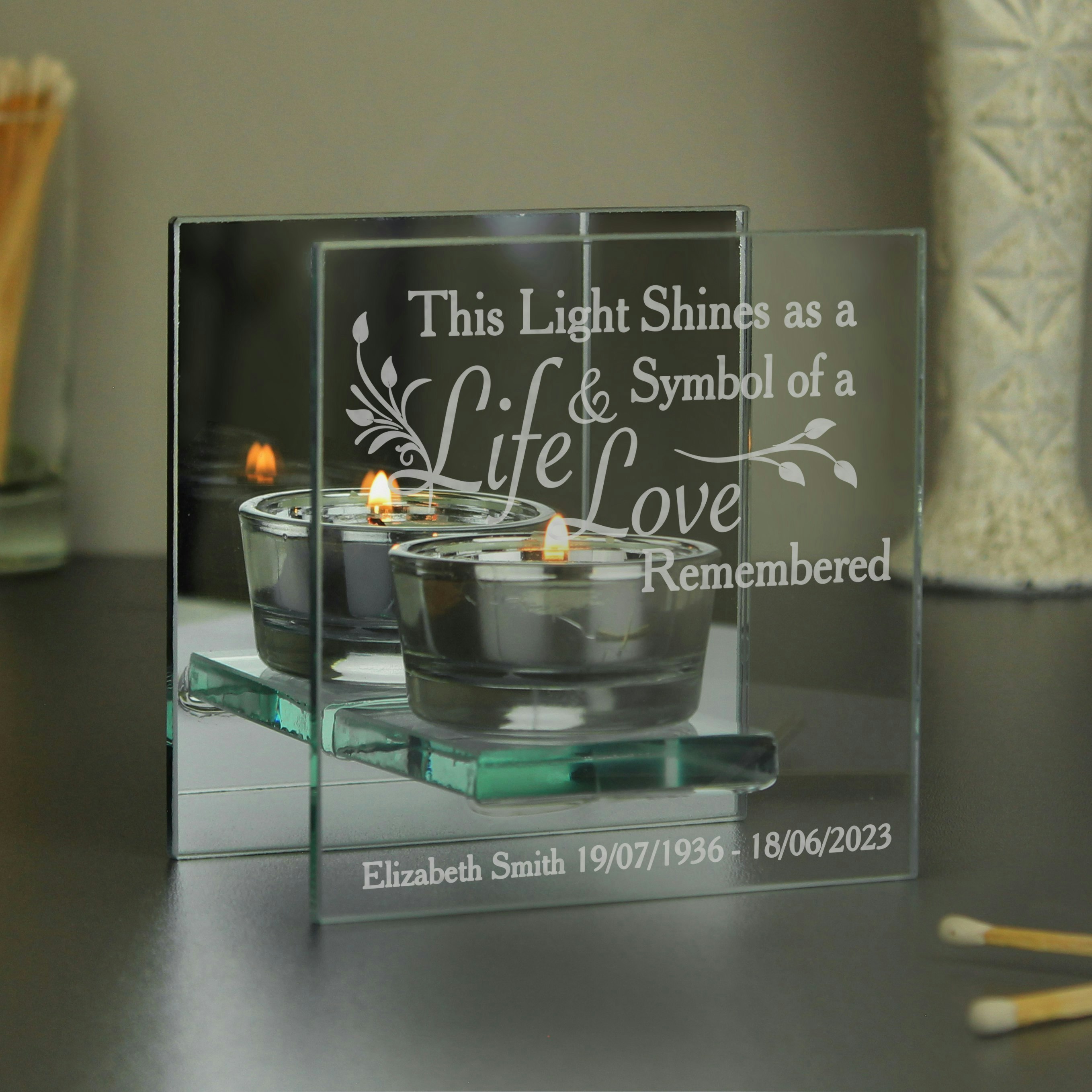 Rackhams Light Personalised Life & Love Mirrored Glass Tea Candle Holder