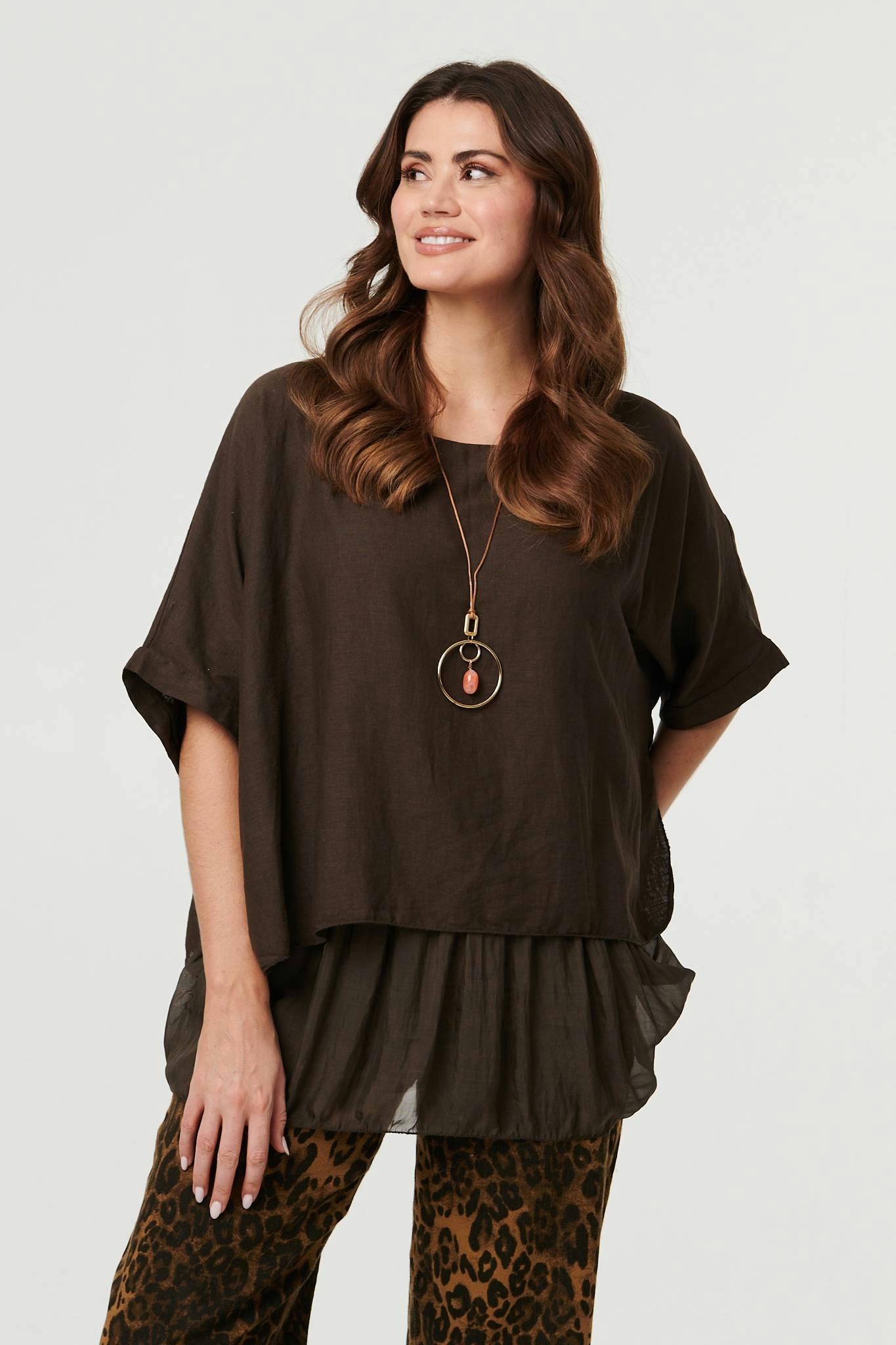 Izabel London Brown Layered 1/2 Sleeve Relaxed Tunic Top - 8