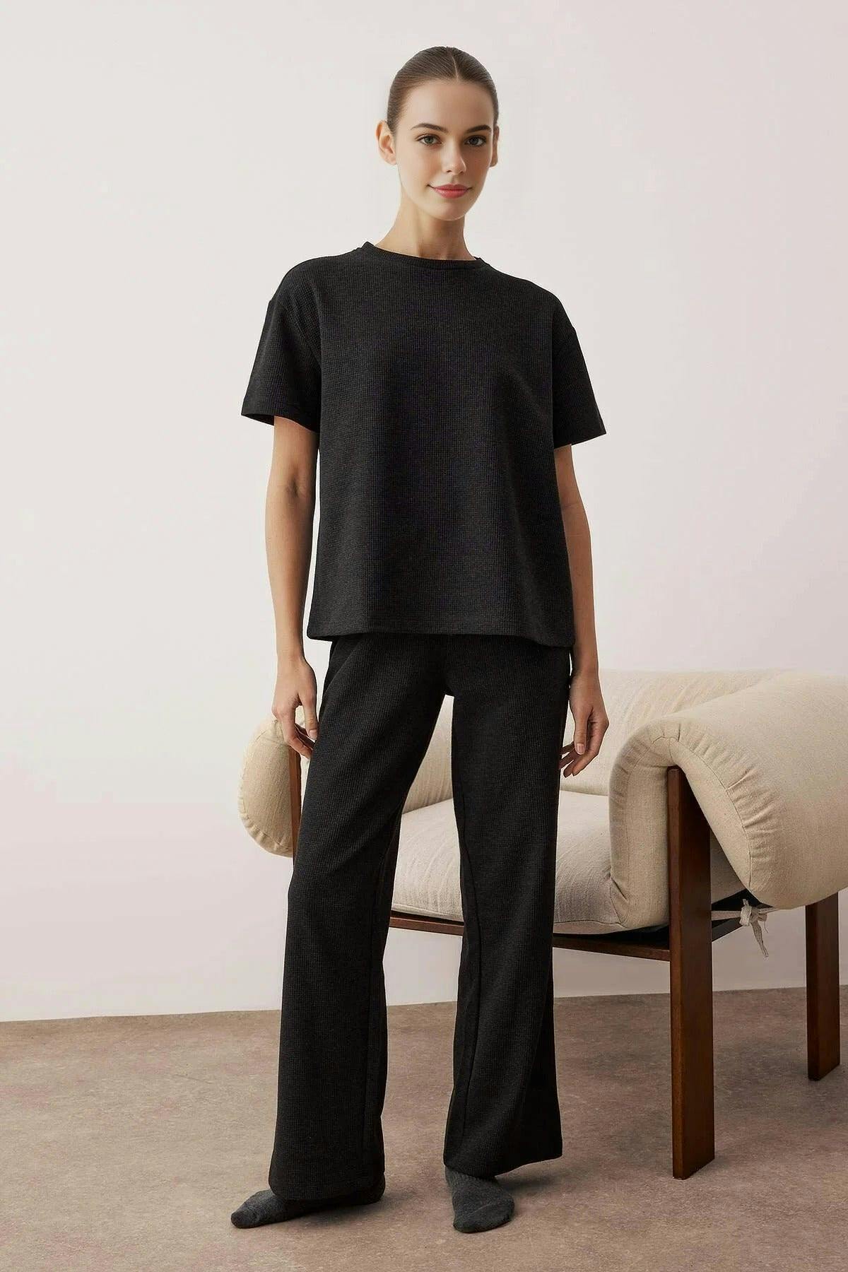Wovcor Dark/Grey 2-Piece Waffle Textured Knit Pajama Set With Waist Tie Detail - Xs