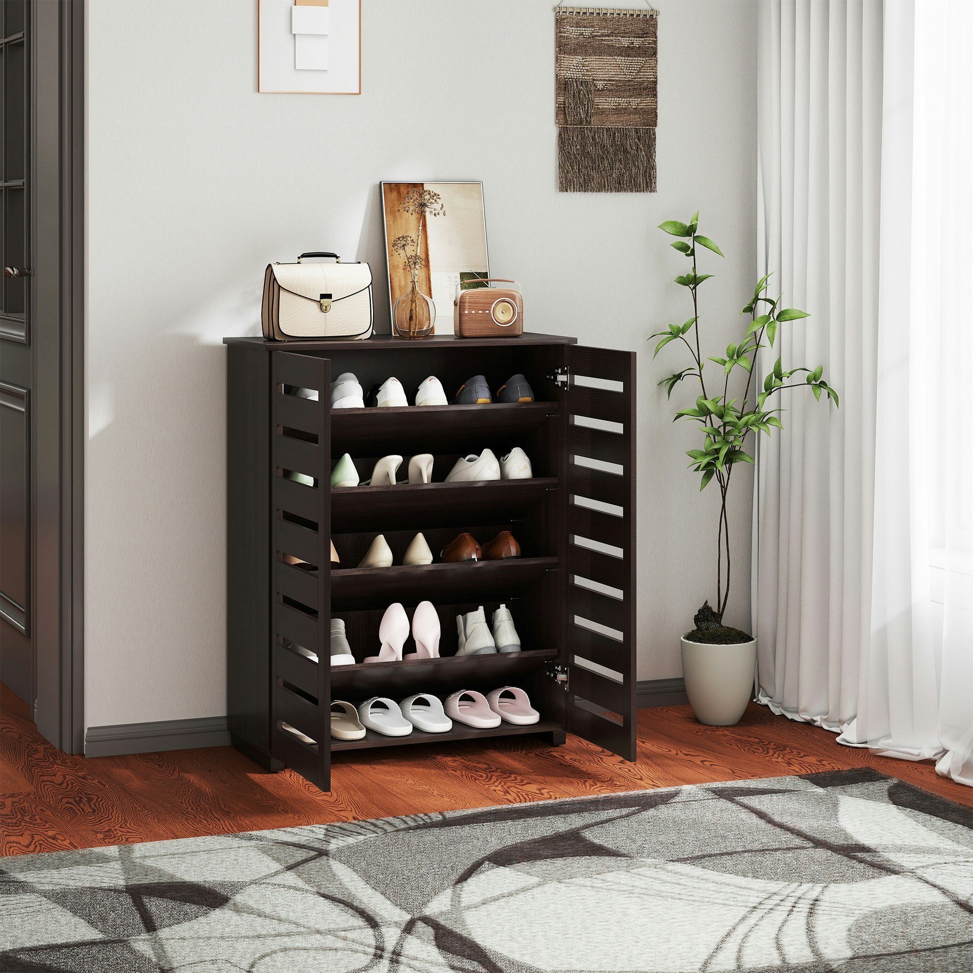 Homcom Brown Shoe Storage Cabinet With Slatted Doors For 15 Pairs Of Shoes