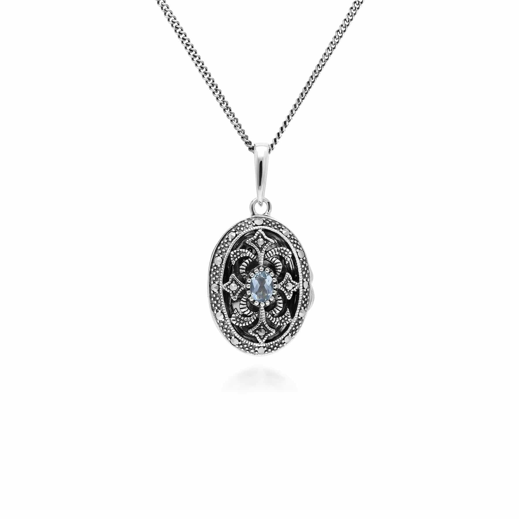 Gemondo Silver Art Nouveau Style Oval Topaz & Marcasite Locket Necklace In 925 Sterling