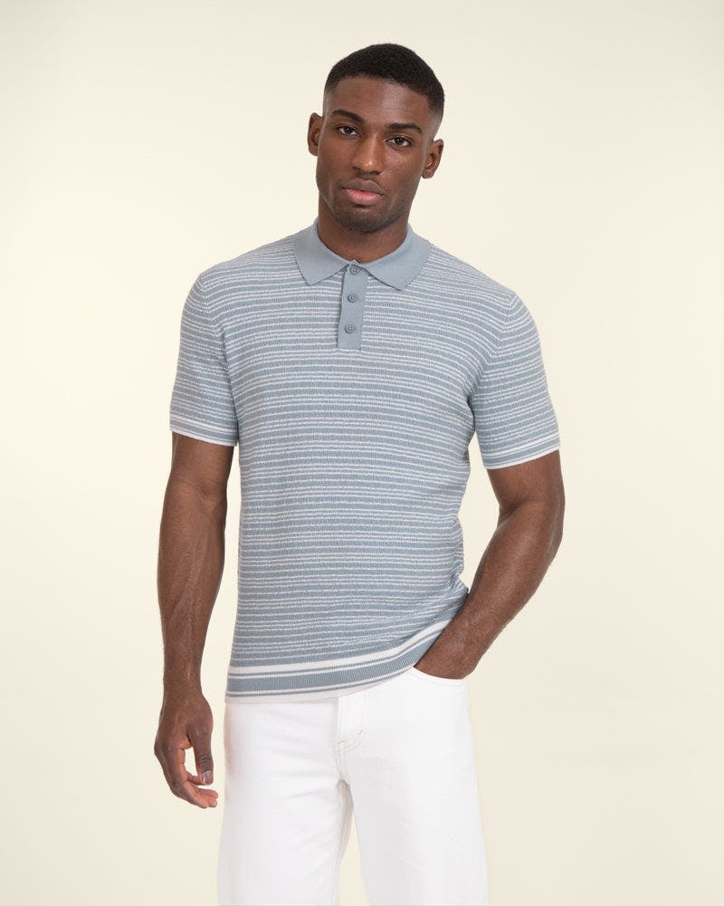 Larsson & Co Blue Knitted Polo Shirt With Horizontal Stripe - L