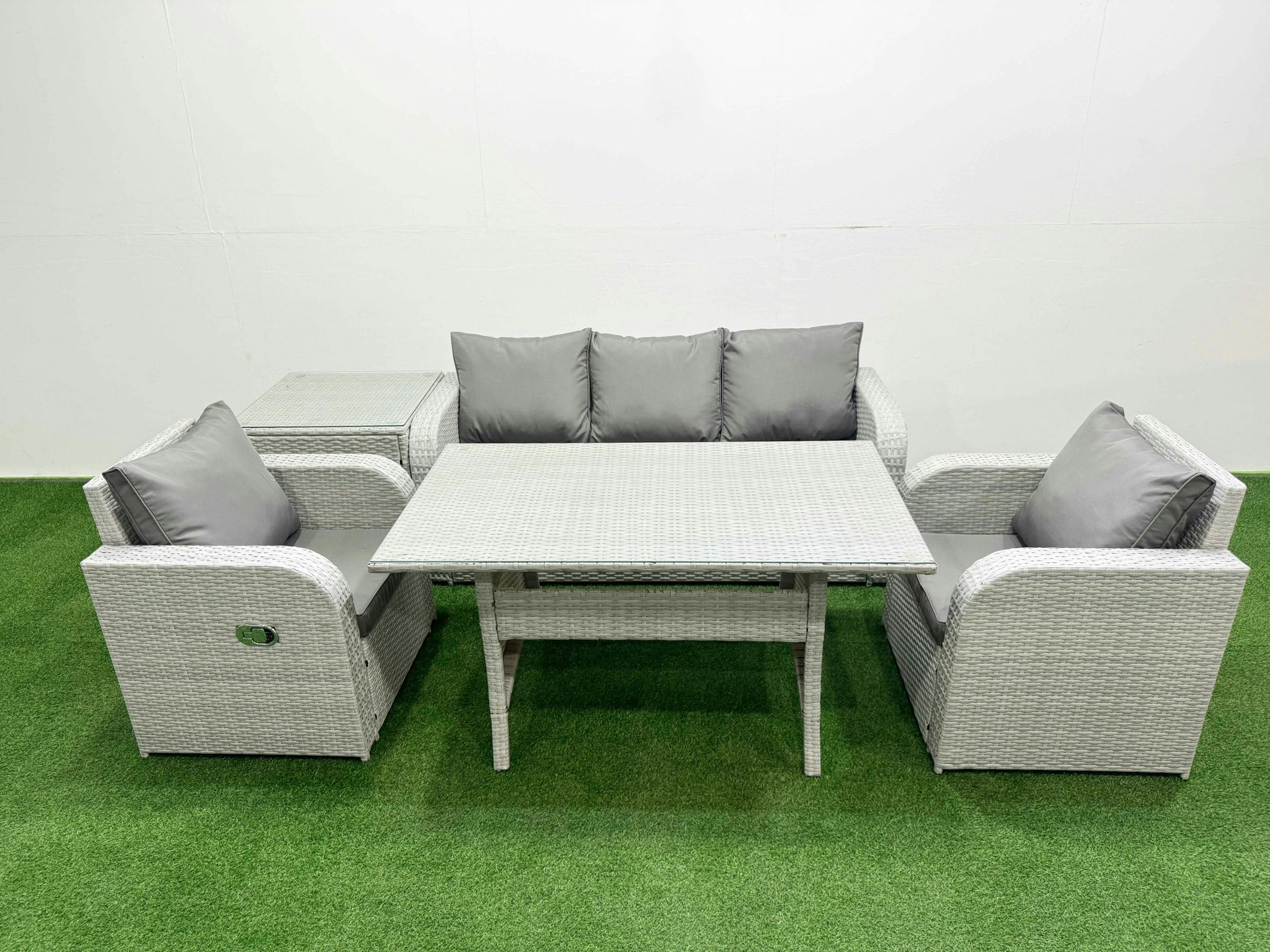 Rackhams Light/Grey Pe Rattan Garden Furniture Set Reclining Chair Sofa Lounge Sofa Set Rectangular Dining Table Side Table