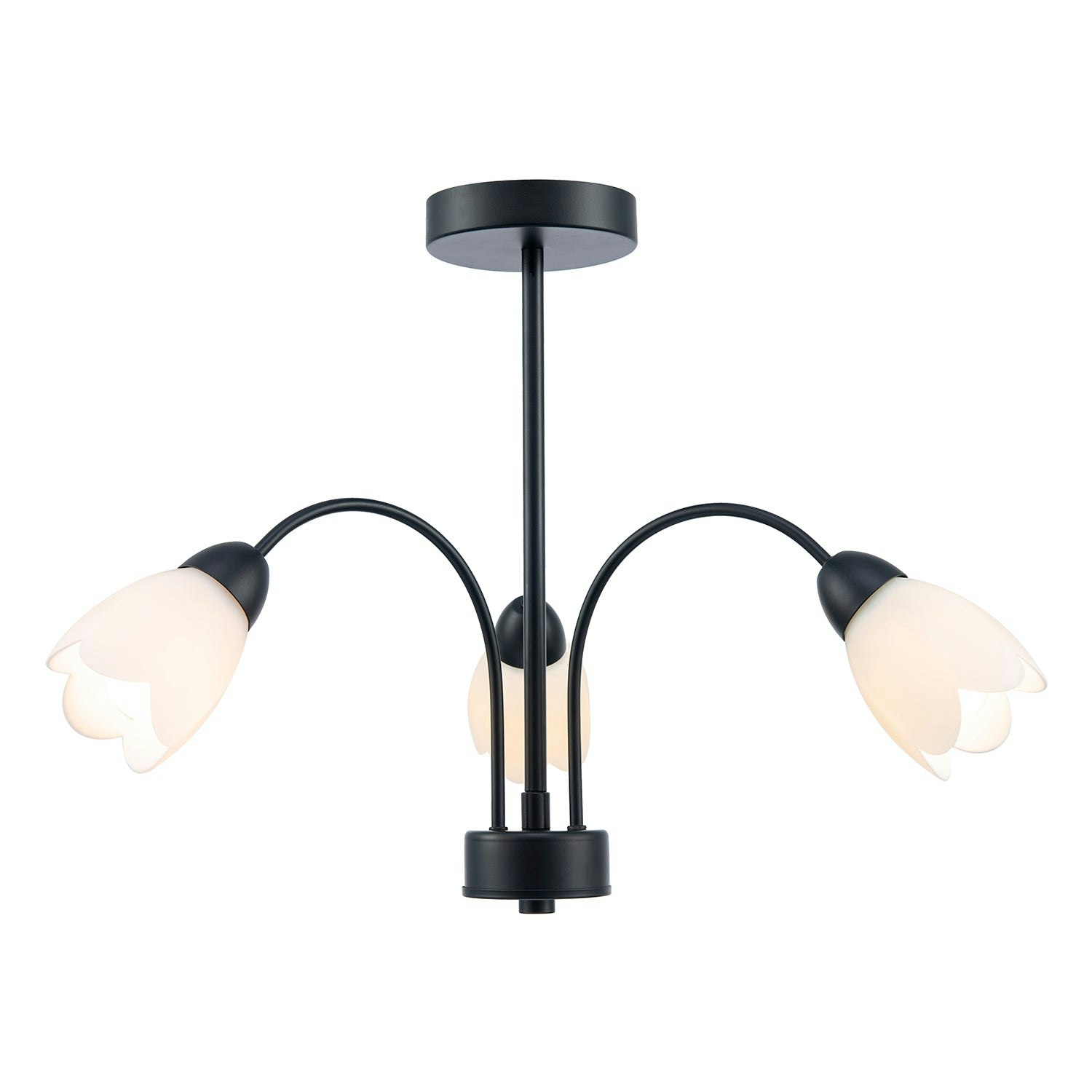 Rackhams Black Contemporary Ceiling Lamp Fitting In Matte With Opal Petal Glass Shades