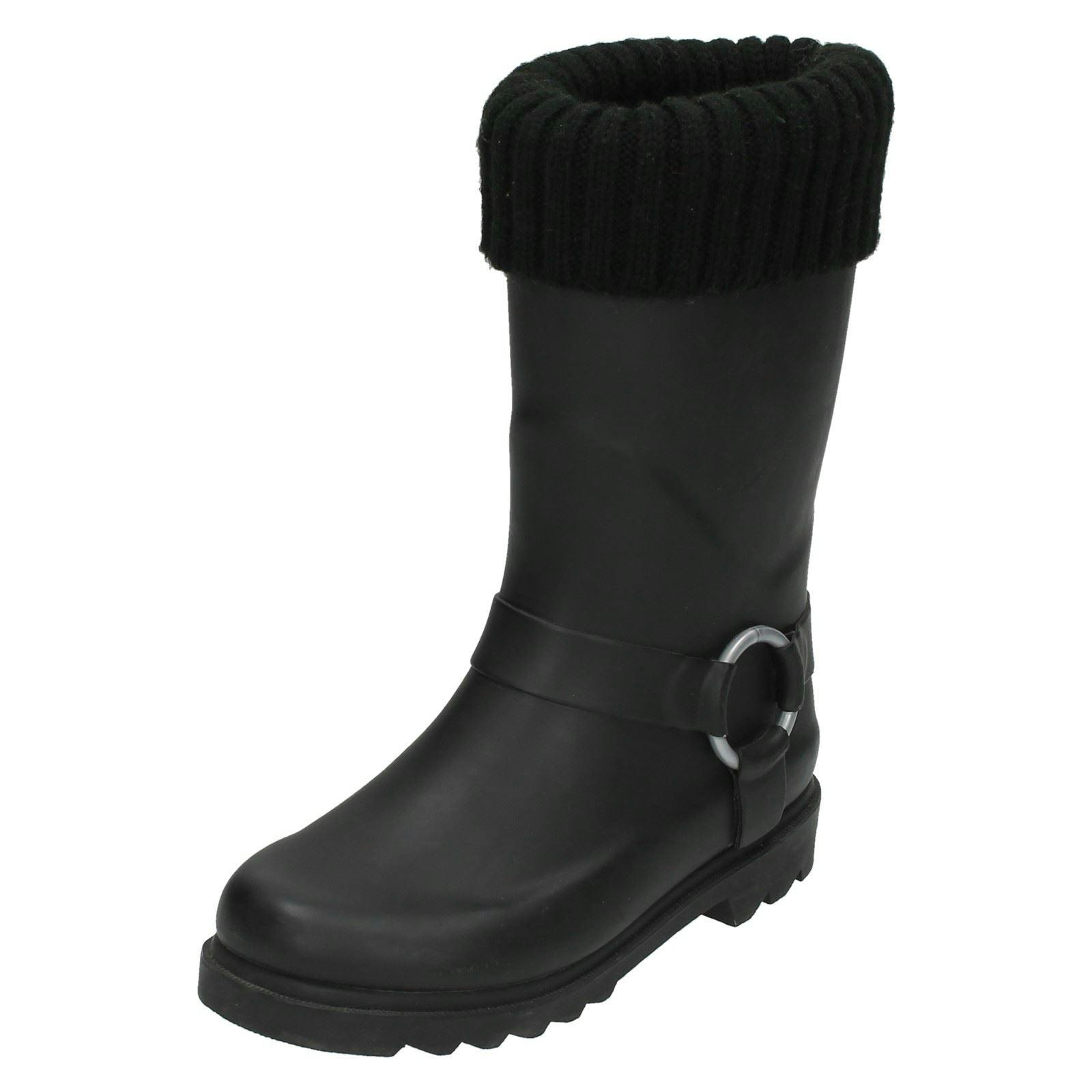 Spot On Girls Black Ring Strap Wellington Boots - Uk 13 Child