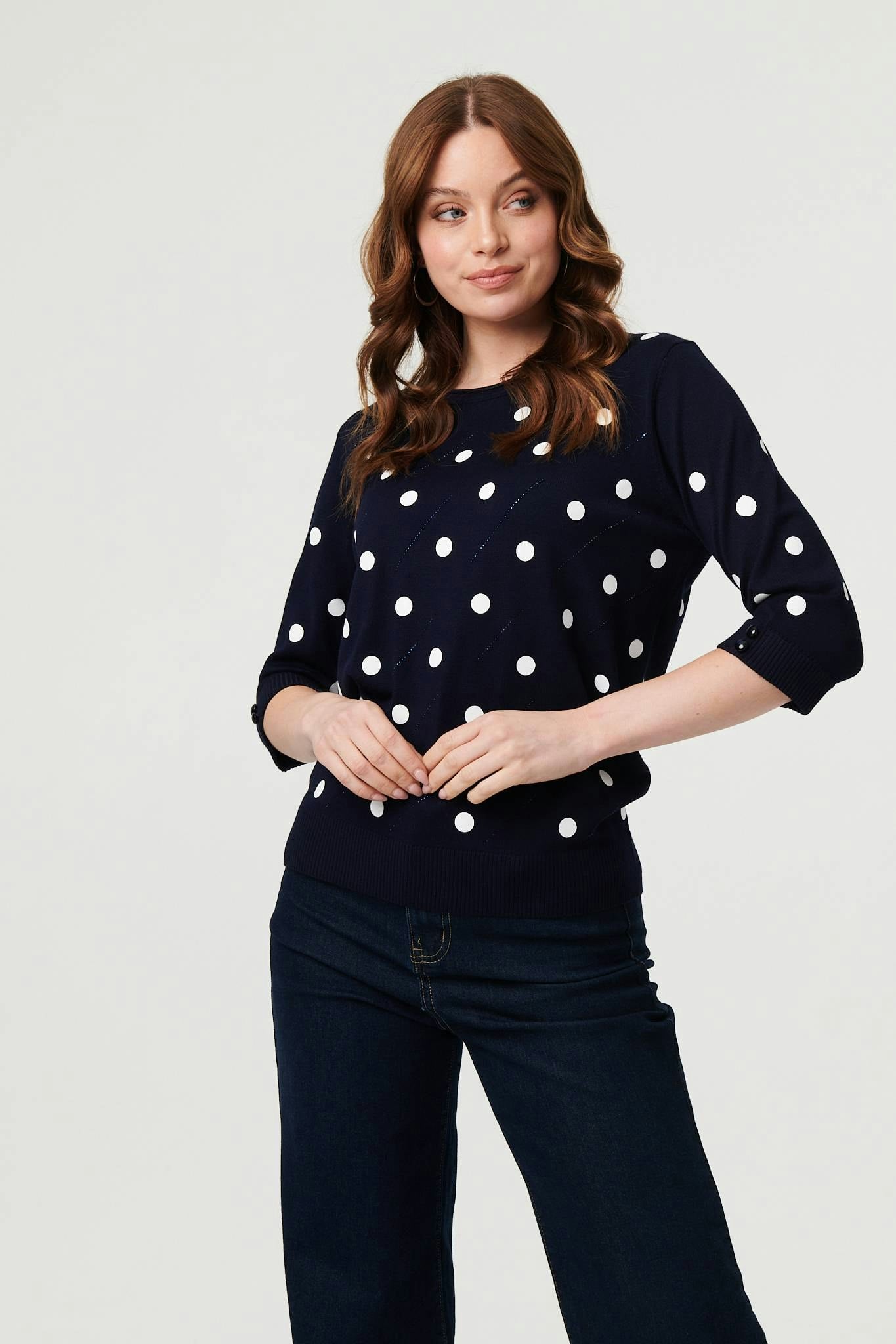 Izabel London Polka Dot Print 3/4 Sleeve Slim Jumper - 8 - Navy
