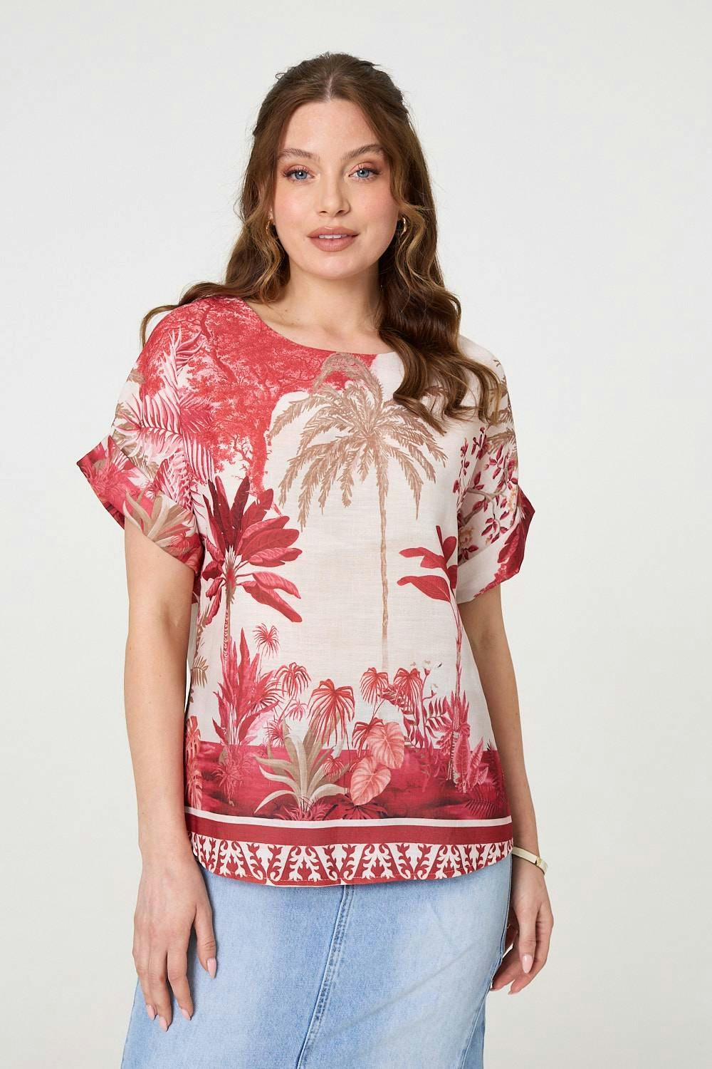 Izabel London Red Tropical Print 1/2 Sleeve Relaxed Top - M/L