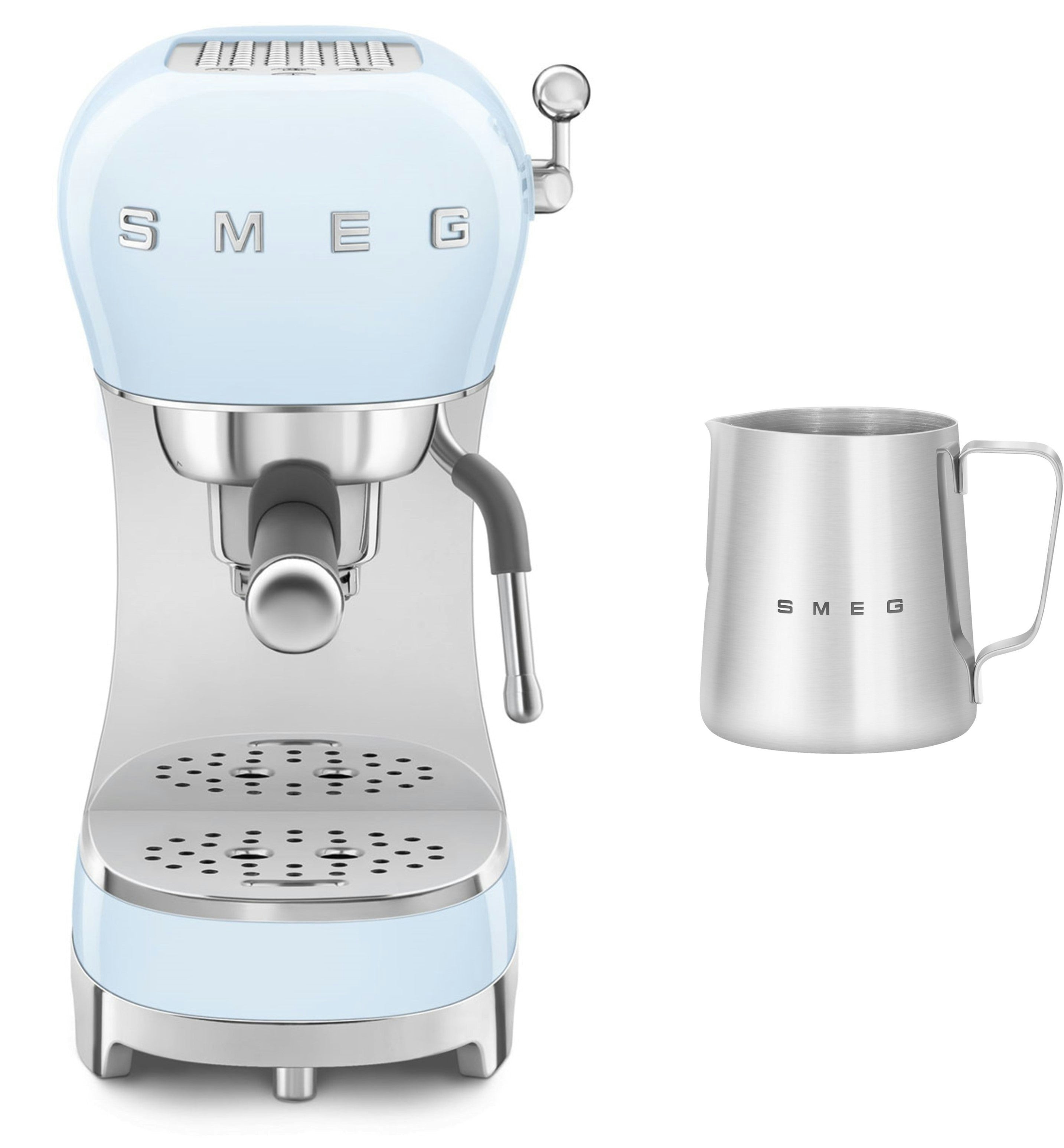 Smeg Blue Ecf02 Espresso Machine + Cmmj01 Milk Frothing Jug Bundle - Pale