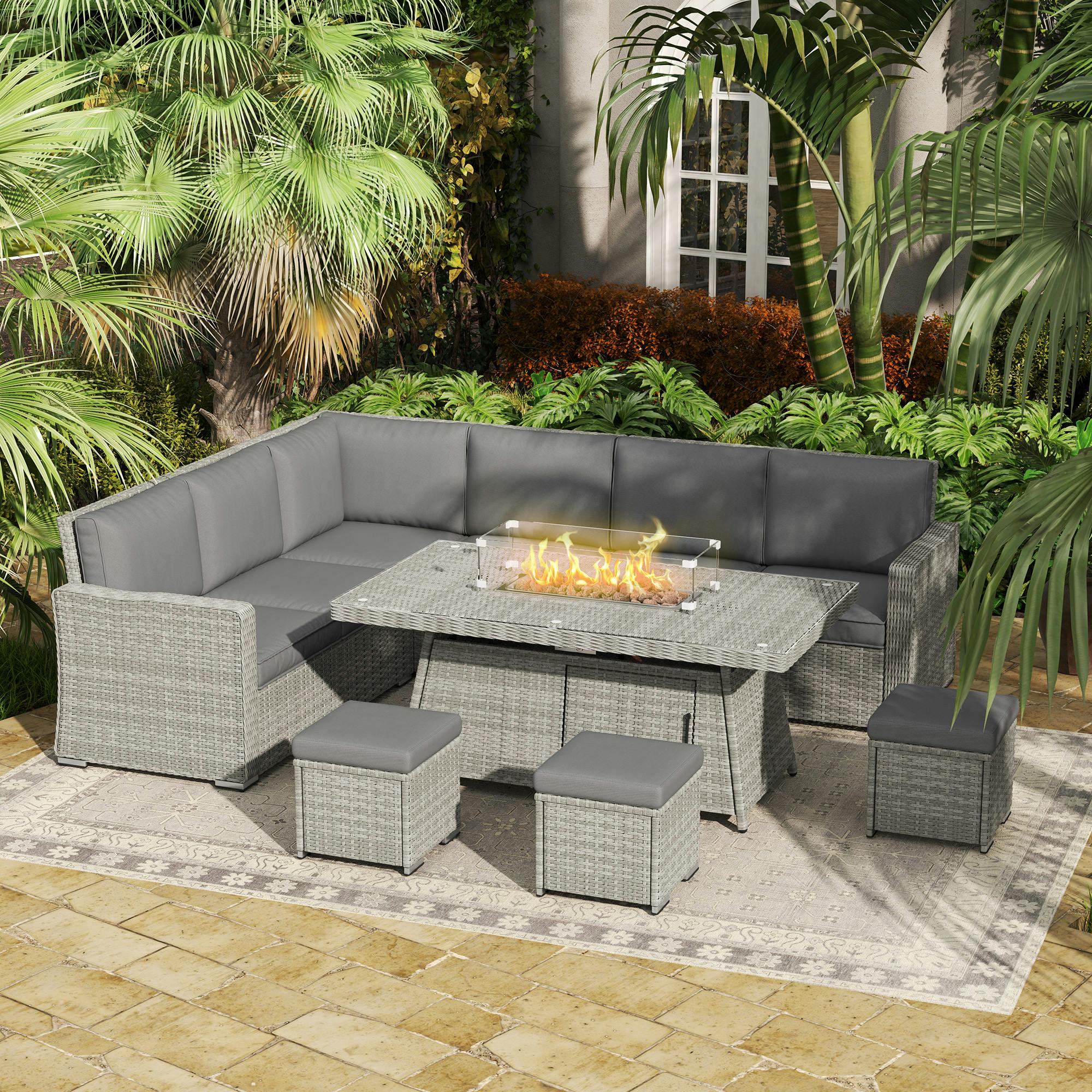 Outsunny Grey 7 Pieces Rattan Garden Furniture Set W/ Gas Fire Pit Table