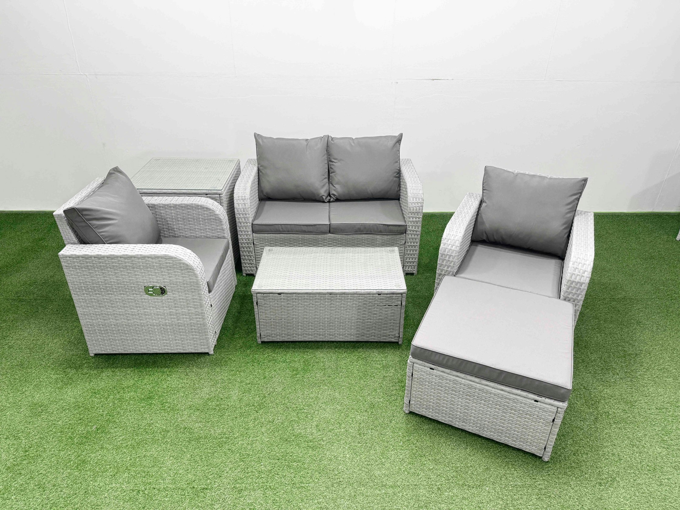 Fimous Light/Grey 5-Seater Pe Rattan Sofa Set | Reclining Chair, Rectangular Coffee Table, Footstool, Side Table