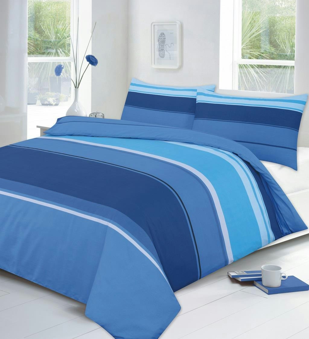 Homespace Direct Blue Carter Striped Duvet Cover Set Modern Bedding - Double