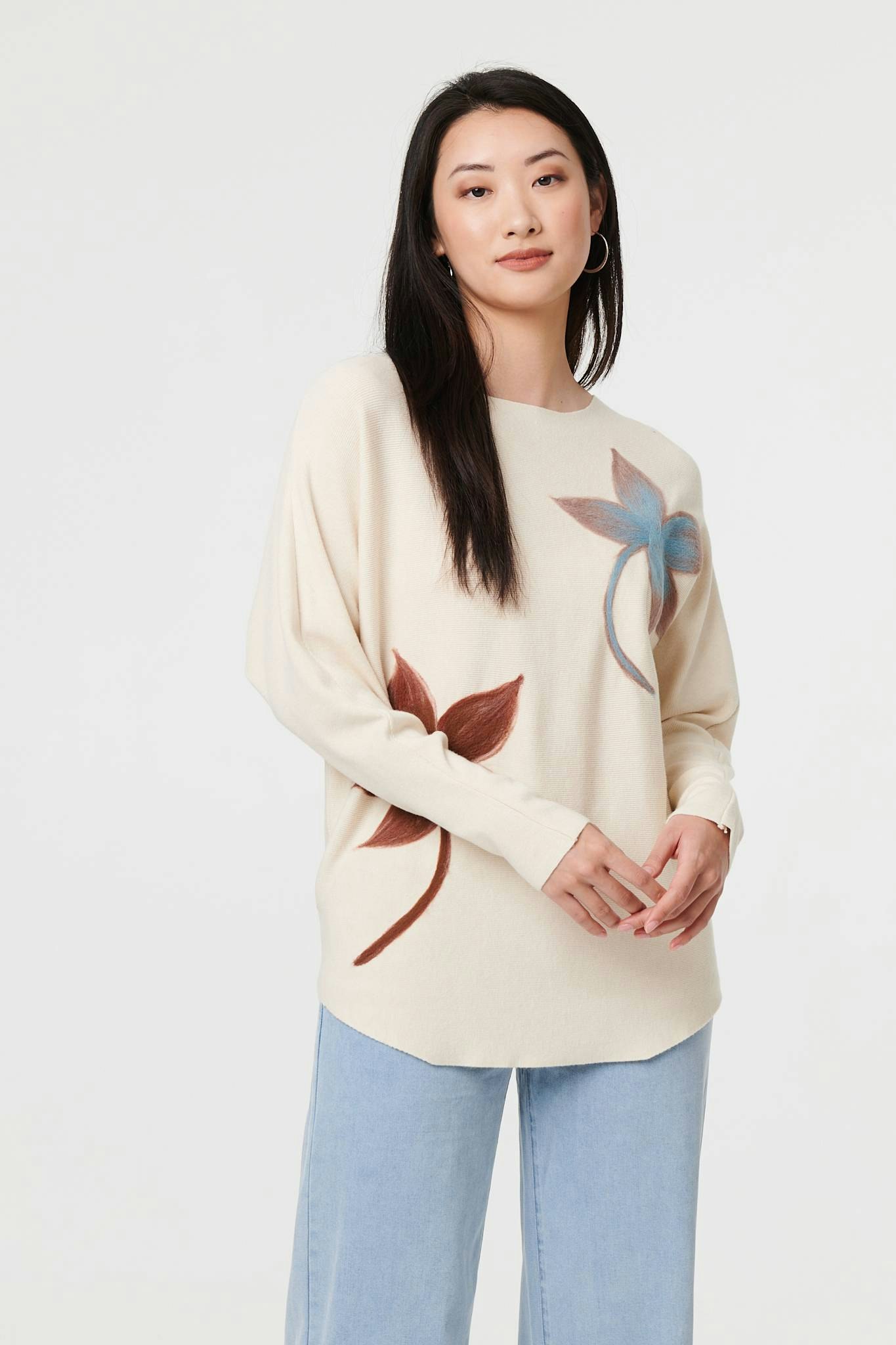 Izabel London Beige Leaf Print Batwing Sleeve Relaxed Top - S/M
