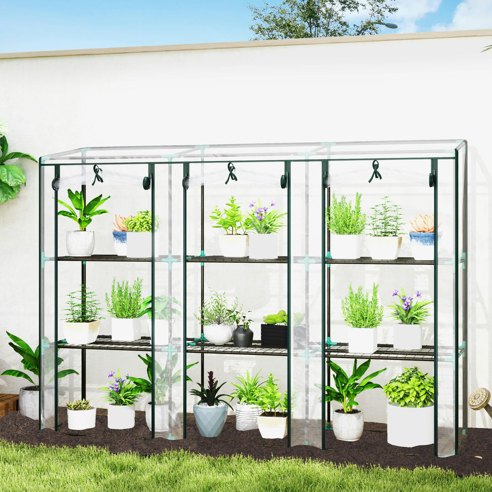 3 Tier Mini Greenhouse Lean To Clear Plastic Cover Shelves Outdoor Garden - Image 4