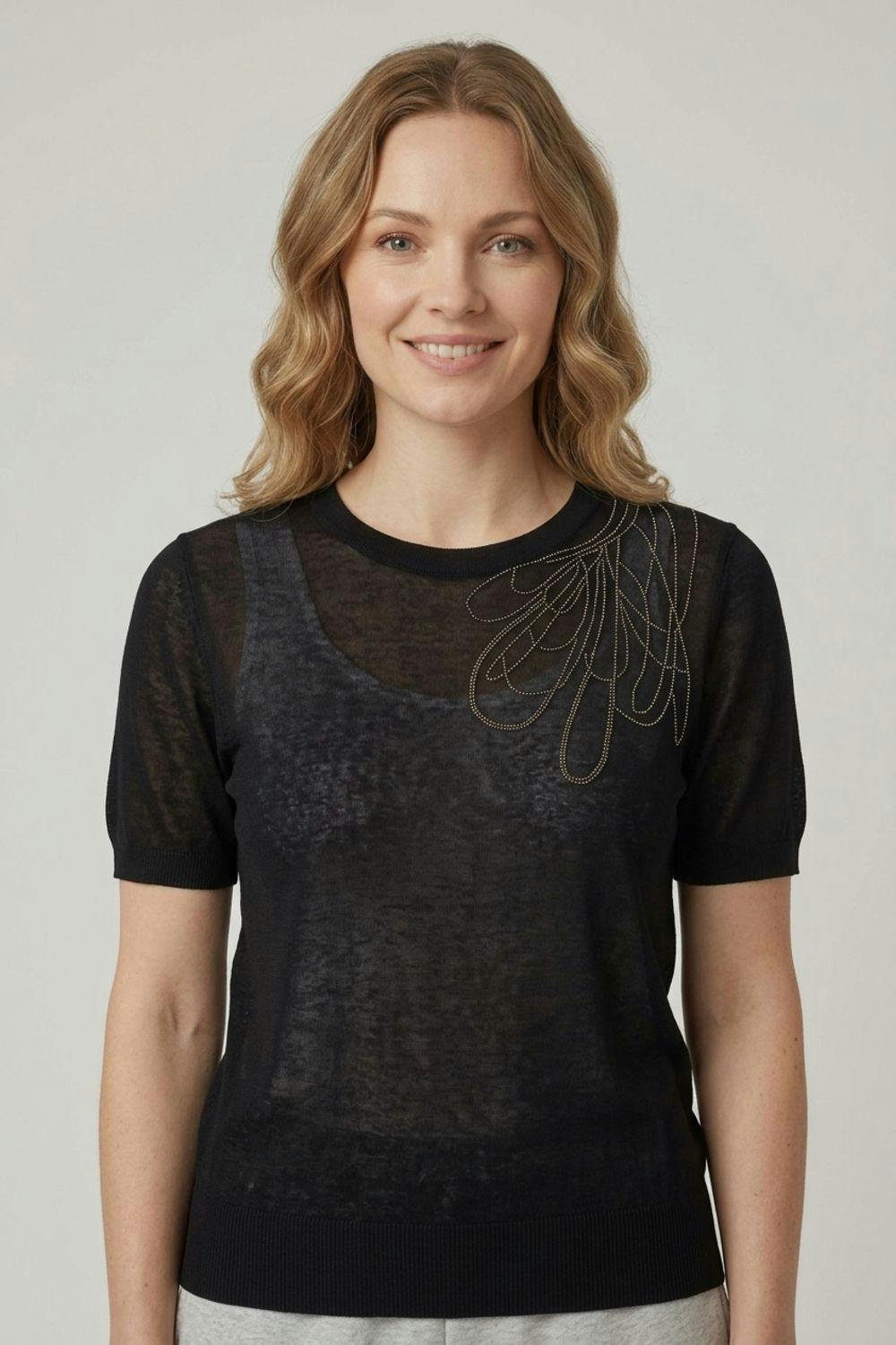 Izabel London Black Abstract Diamante Cap Sleeve Knit Top - 8