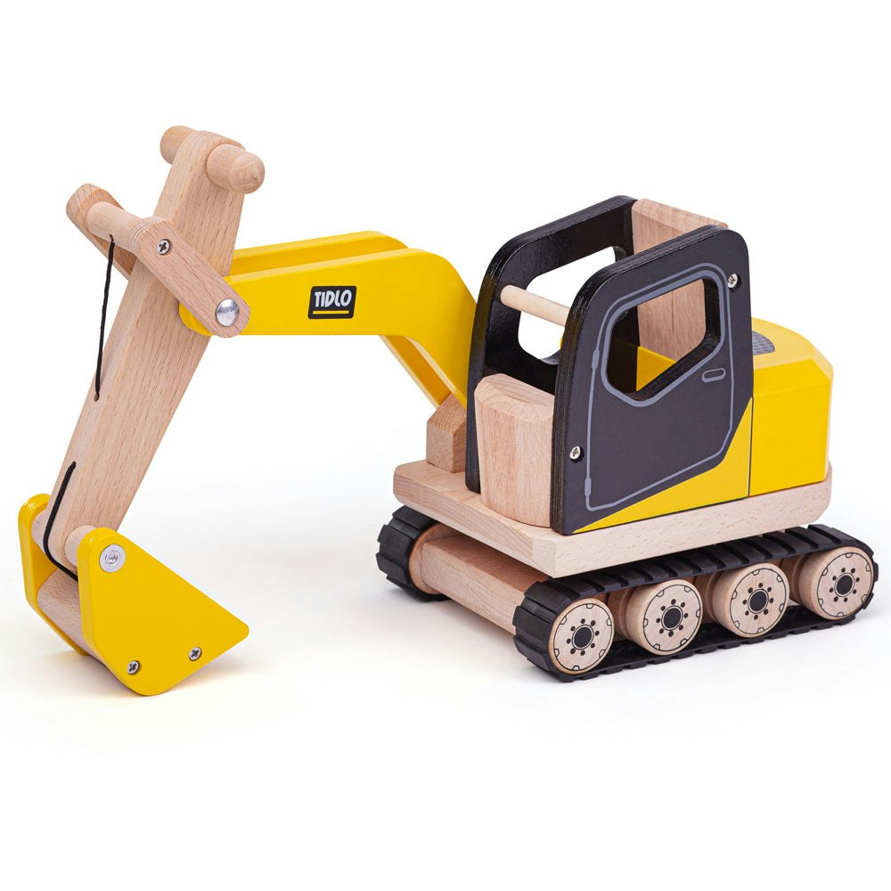 Tidlo Yellow Wooden Digger Toy With Working Caterpillar Tracks
