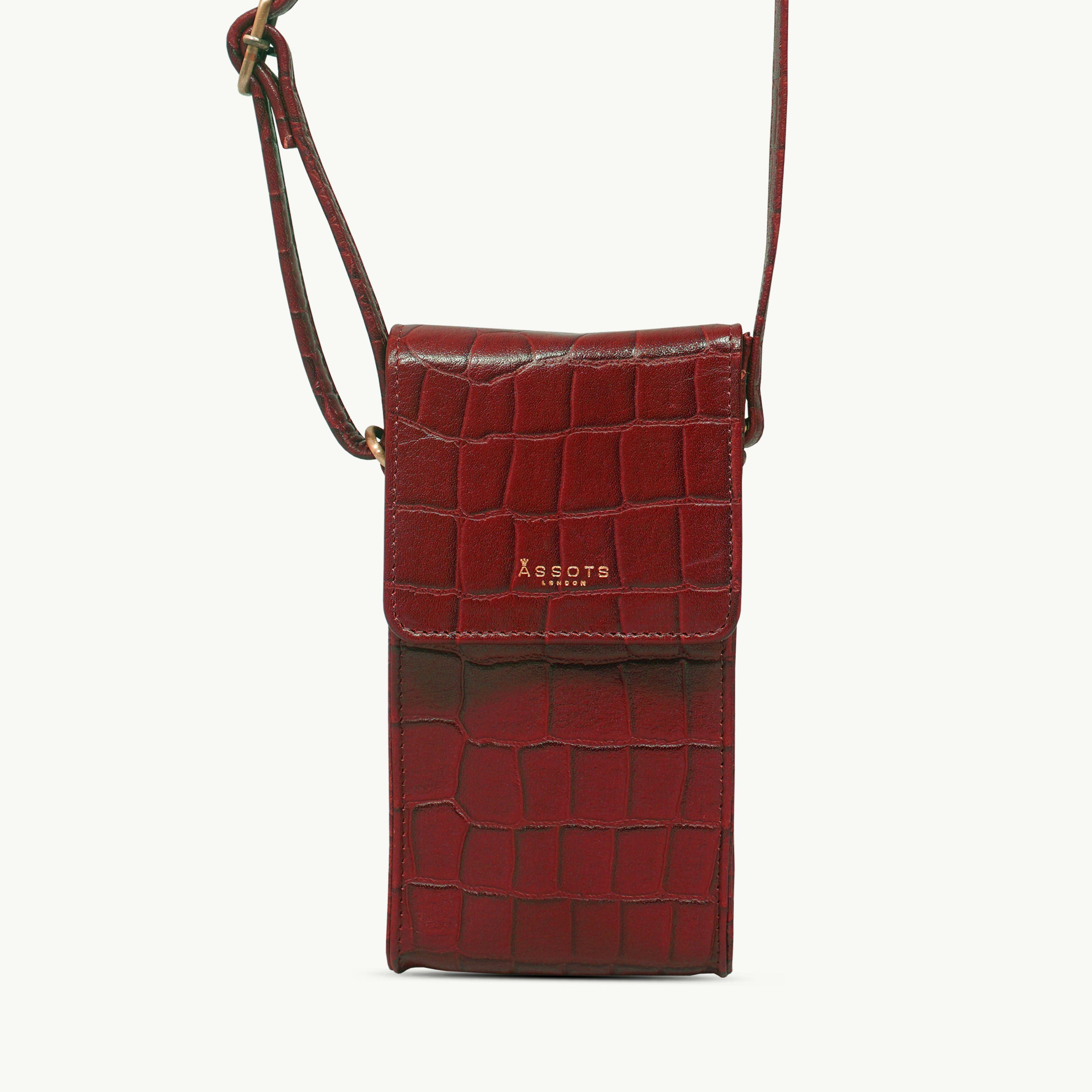 Assots London Red 'Tracy' Croc Real Leather Crossbody Phone Bag