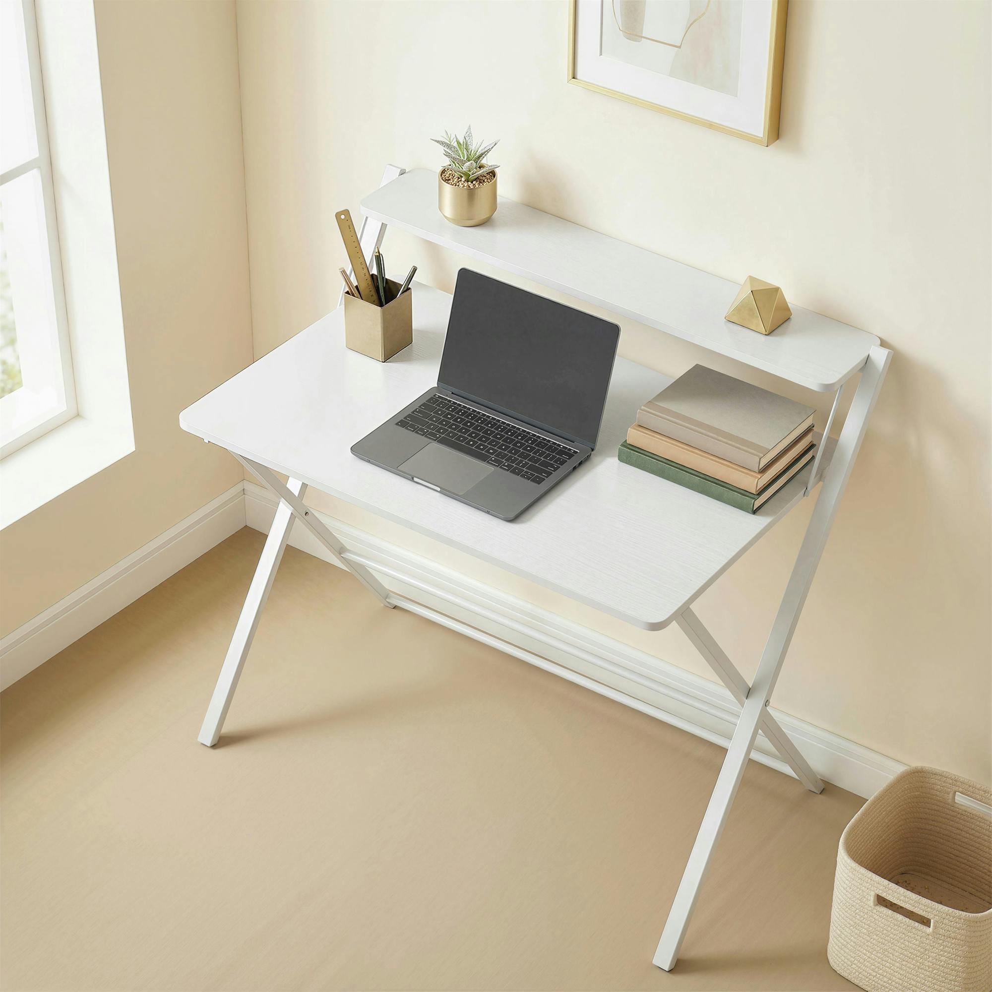 Homcom White Folding Desk With 2-Tier Shelf For Home Office
