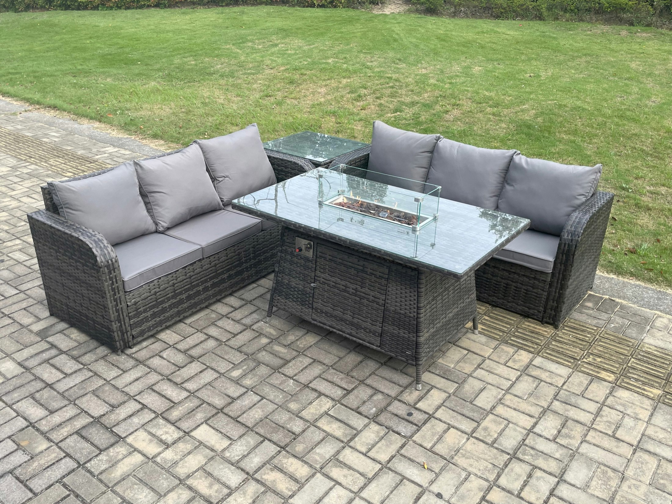 Rackhams Dark/Grey Rattan Garden Furniture Set With Fire Pit Table 4 Pieces Outdoor Patio Lounge Sofa Set Mixed