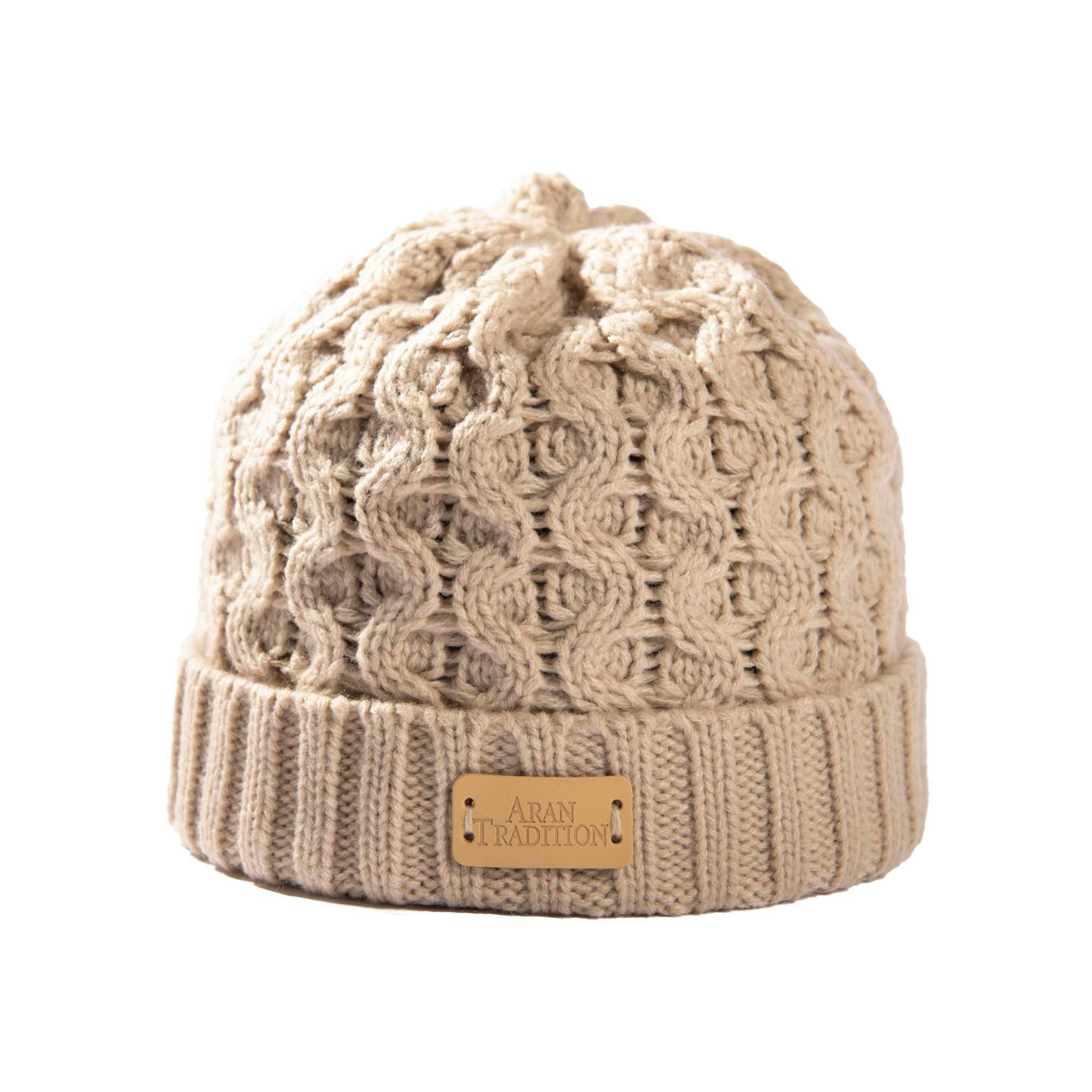 Aran Traditions Aran Cable Knit Beanie Hat - Oatmeal